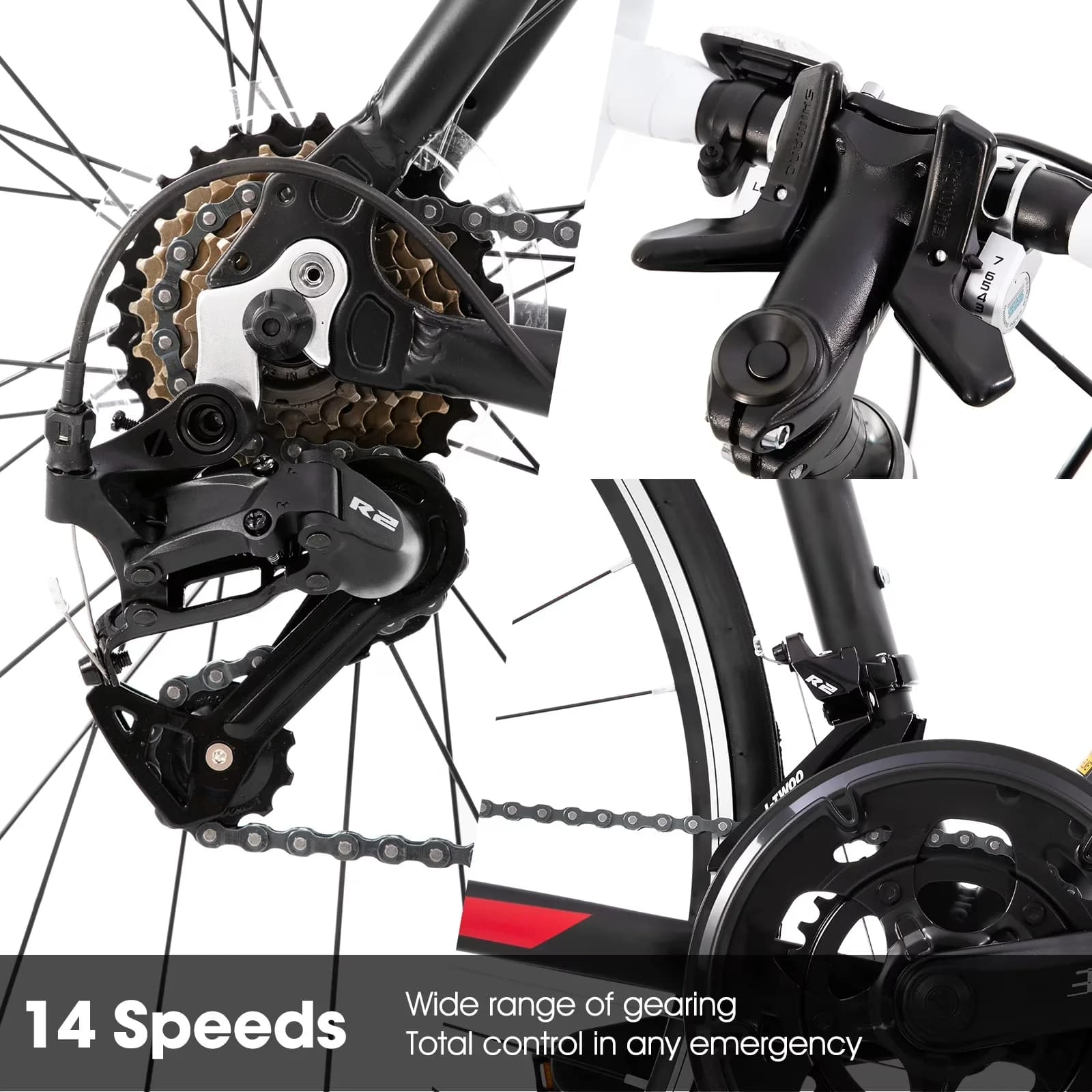 Modern Road Bike with Adjustable Seat Height, Lightweight, Shimano 14 Speeds - Black Model C6483C