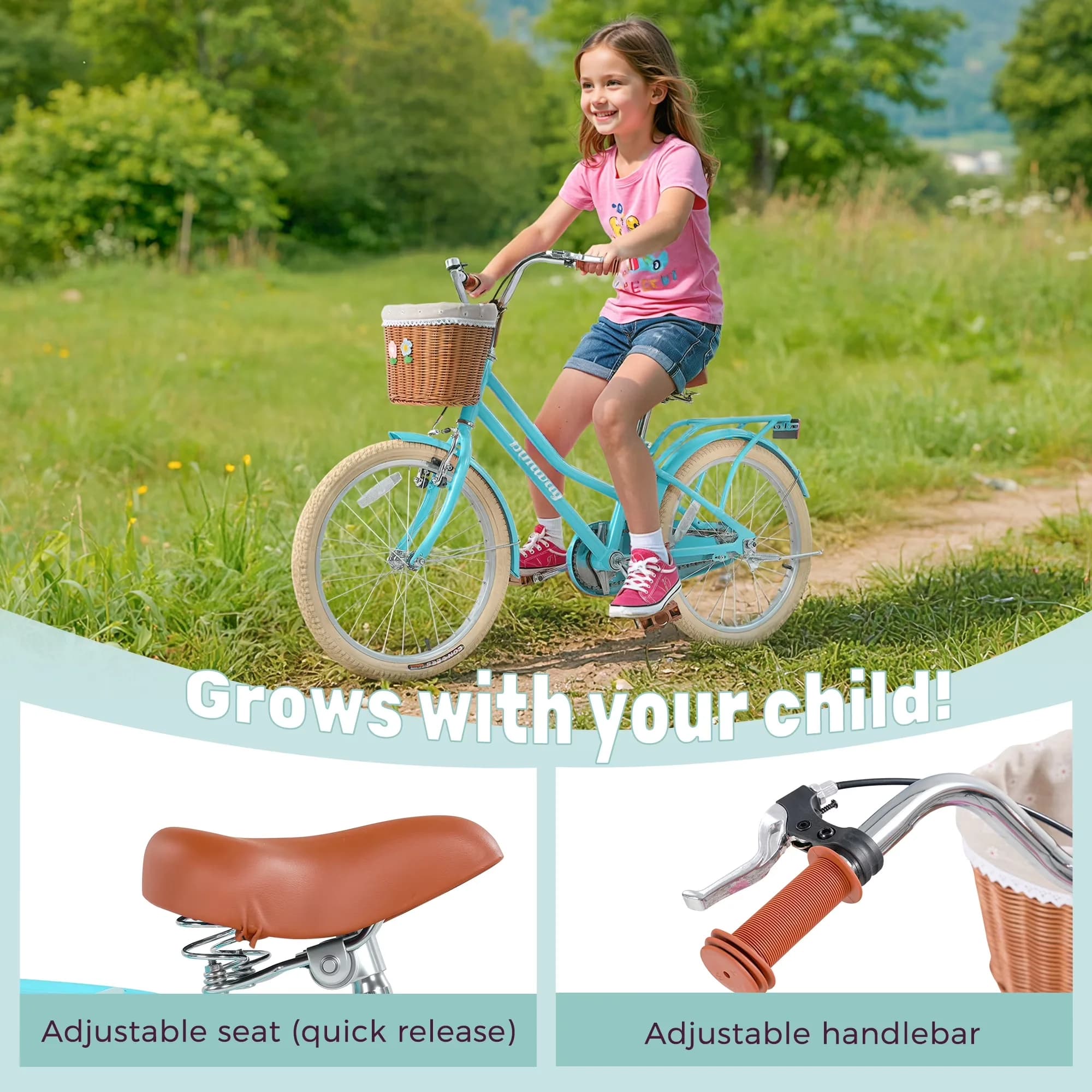 Cruiser Bike Sleek with Adjustable Seat Height, 20 Inch Girls, Basket - Green Model 76FD28