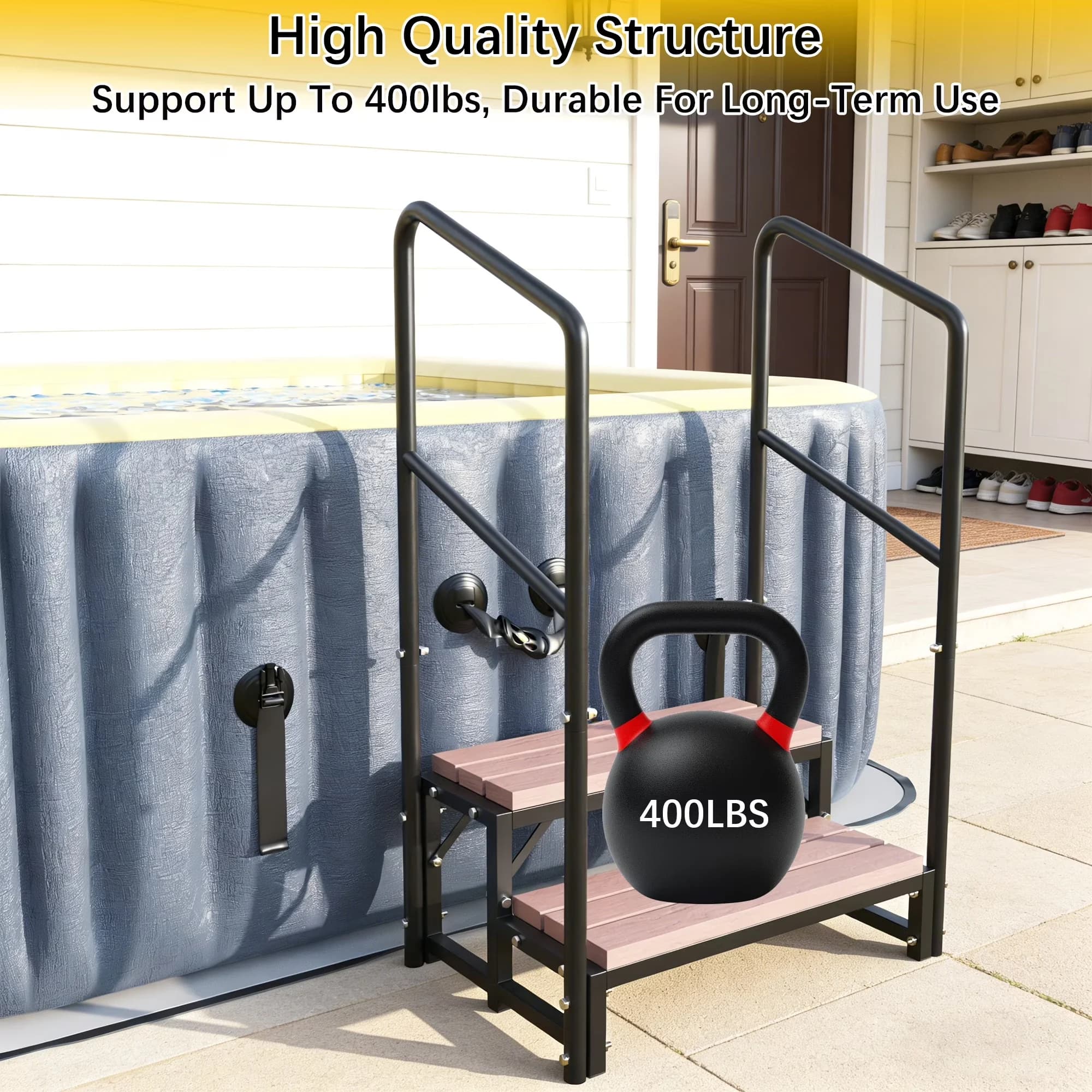 Innovative Hot Tub with 2 Step Steps, Non-Slip Outdoor Pool & RV Stairs, 400 lbs Heavy Duty Spa Steps - Black Steel Model 278B69