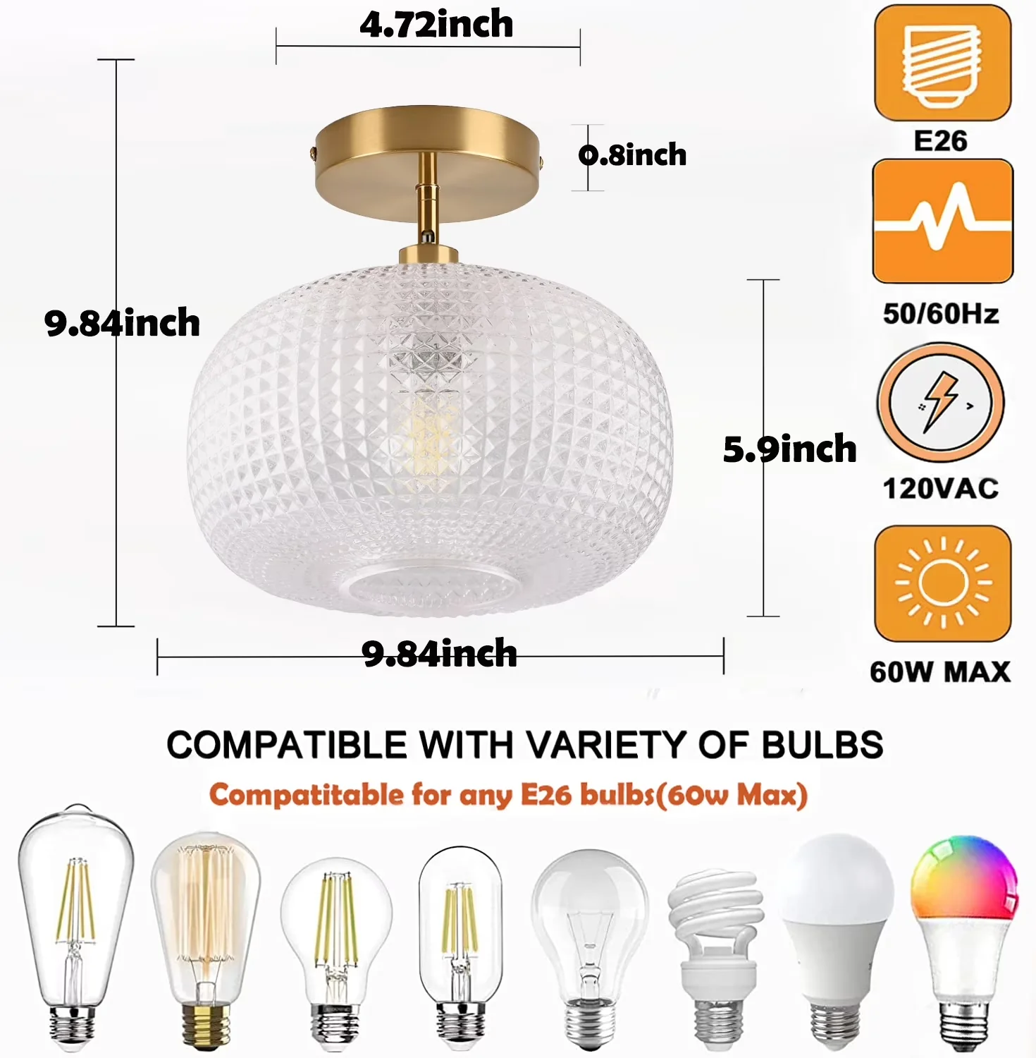 Durable Ceiling Lights Fixture with Incandescent, Modern, Energy Efficient - Gold Metal for Living Room, Bedroom Model 6570F0
