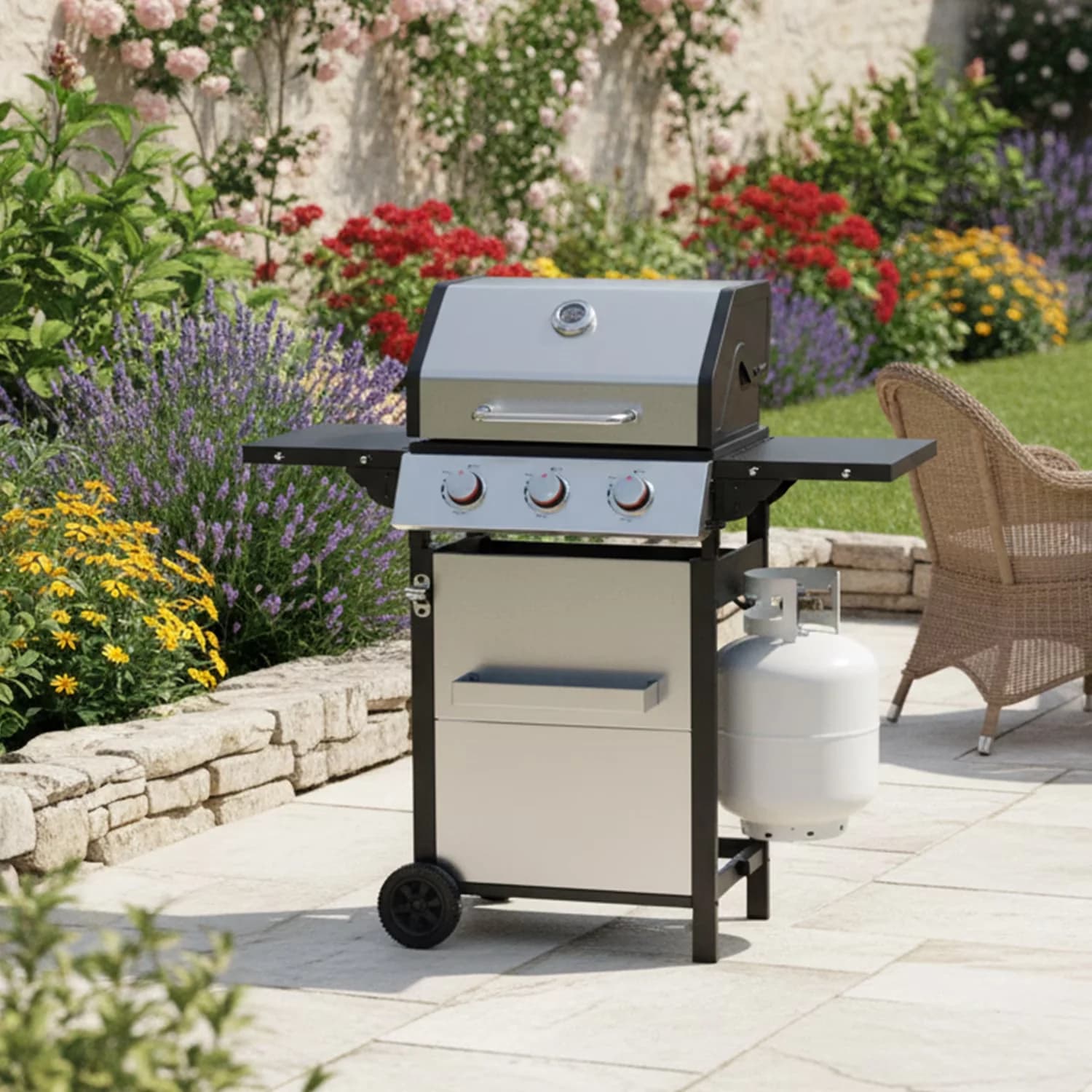 Gas Grill Sleek with 30000 BTU, Portable, 3 Burner - Stainless Steel Silver Model D2BBF6