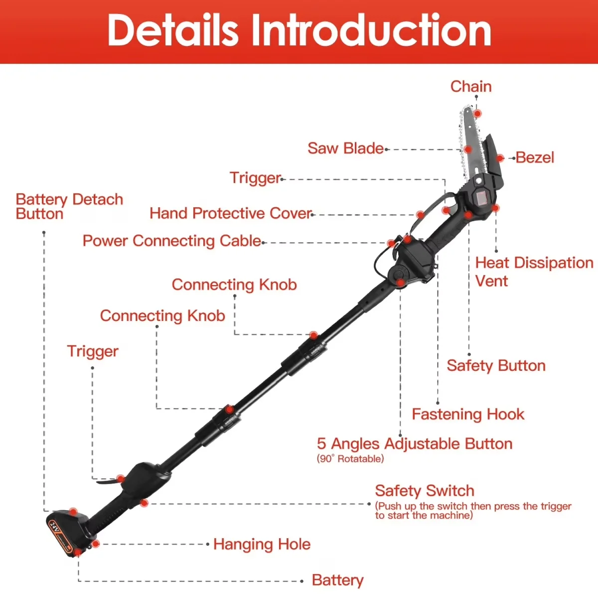 Compact Pole Saw with Battery, 24V, Color: Black - Black - Heavy Duty Model 7827C6