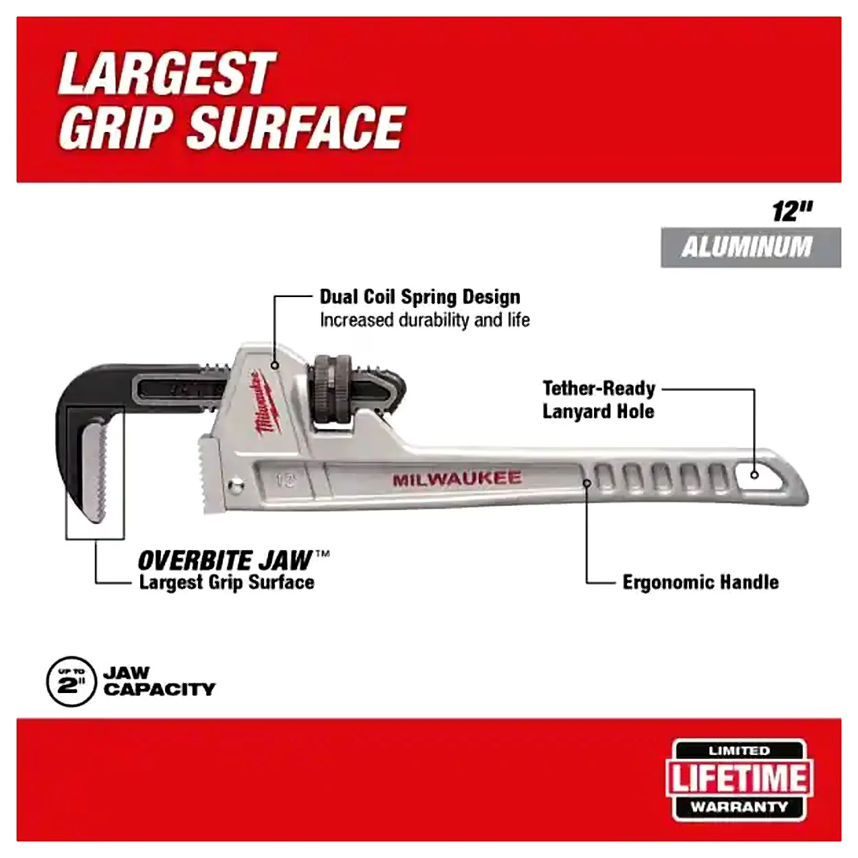 Premium Hand Tool with Ergonomic Handle, 12” Aluminum Pipe Wrench, Overbite jaw - largest gripping surface - Black Model 8A78F4