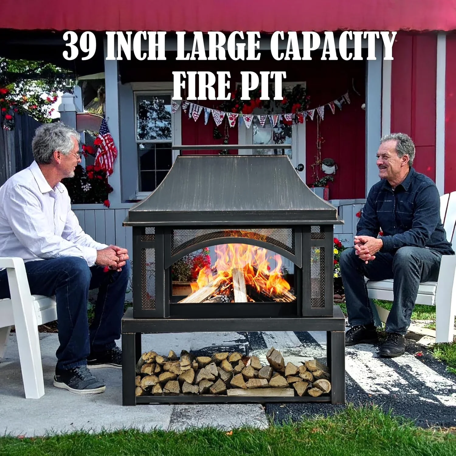 Essential Outdoor Heating with 39" Fire Pits, Wood Storage - Steel Antique Model 022A19