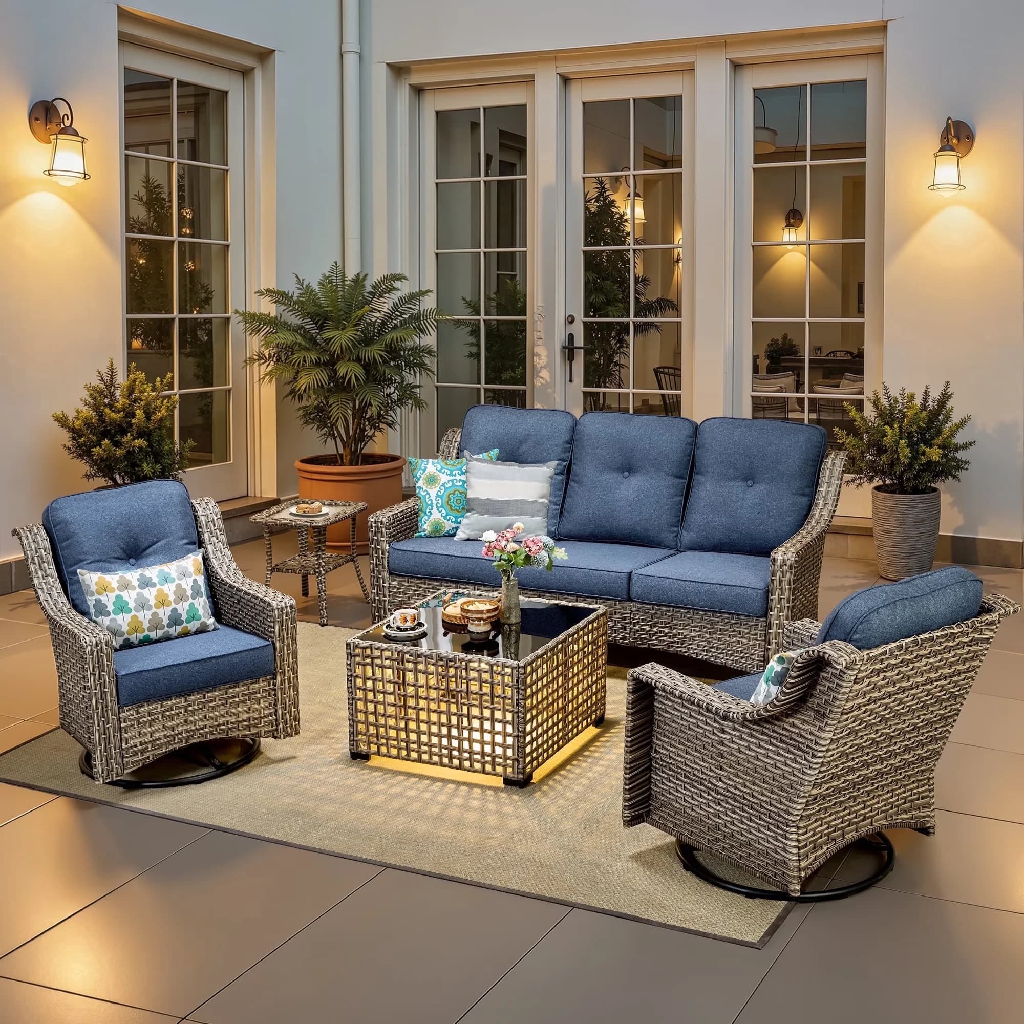 Quality Patio Conversation Set with Portable, Weatherproof, Swivel Chairs & Solar Light Coffee Table - All-Weather Rattan Model ED06A2