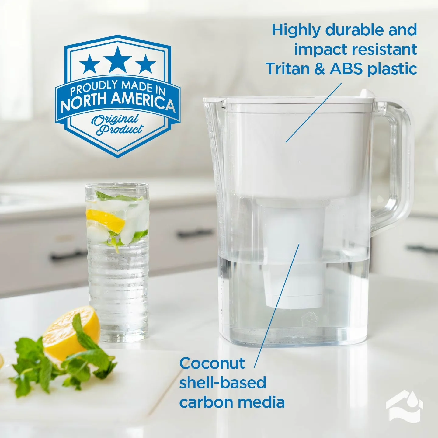 Water Filtration Compact with Wide Mouth, High-Capacity 2.4L Pitcher, 10-Cup Pitcher Filter (White) - White Food Grade Tritan Plastic Model 15E3F5