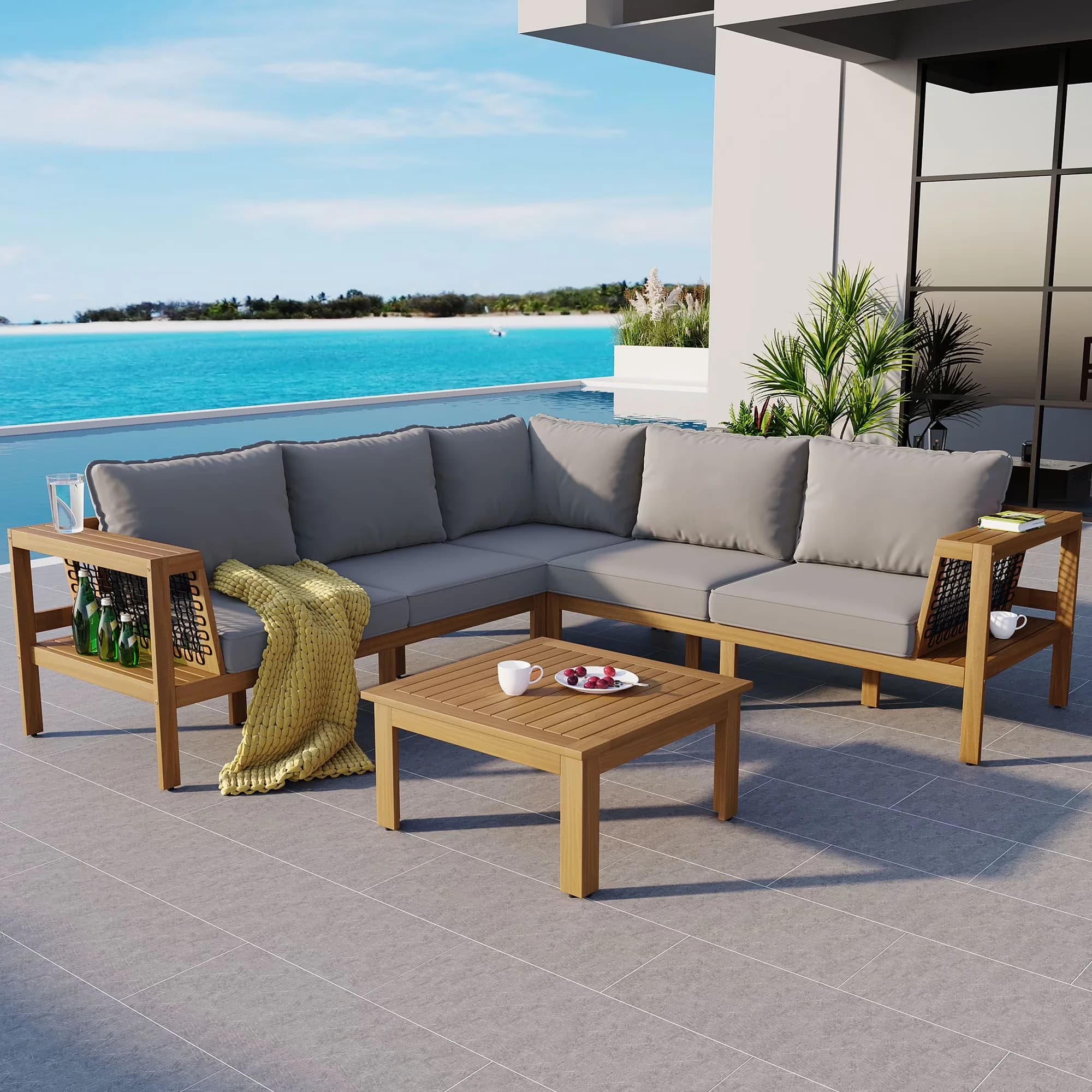 Essential Outdoor Sofas Sectional with Stain Resistant, Side Table, and Gray Cushions - Gray Acacia Wood Model 97B217