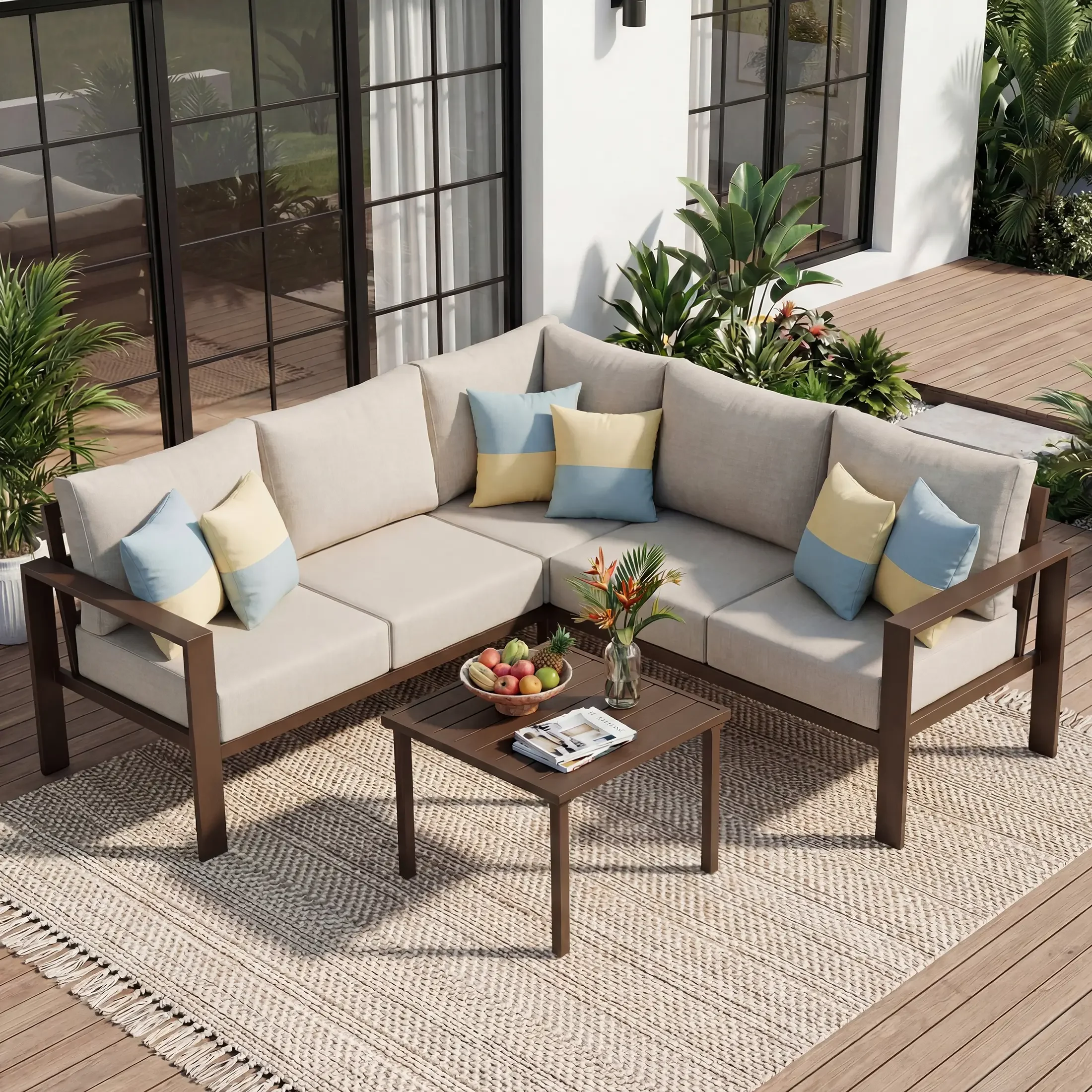 Innovative Patio Conversation Set with 6" Thick Olefin Cushions, Metal L-Shape Sectional Sofa, Beige - Beige Metal Model DE7937