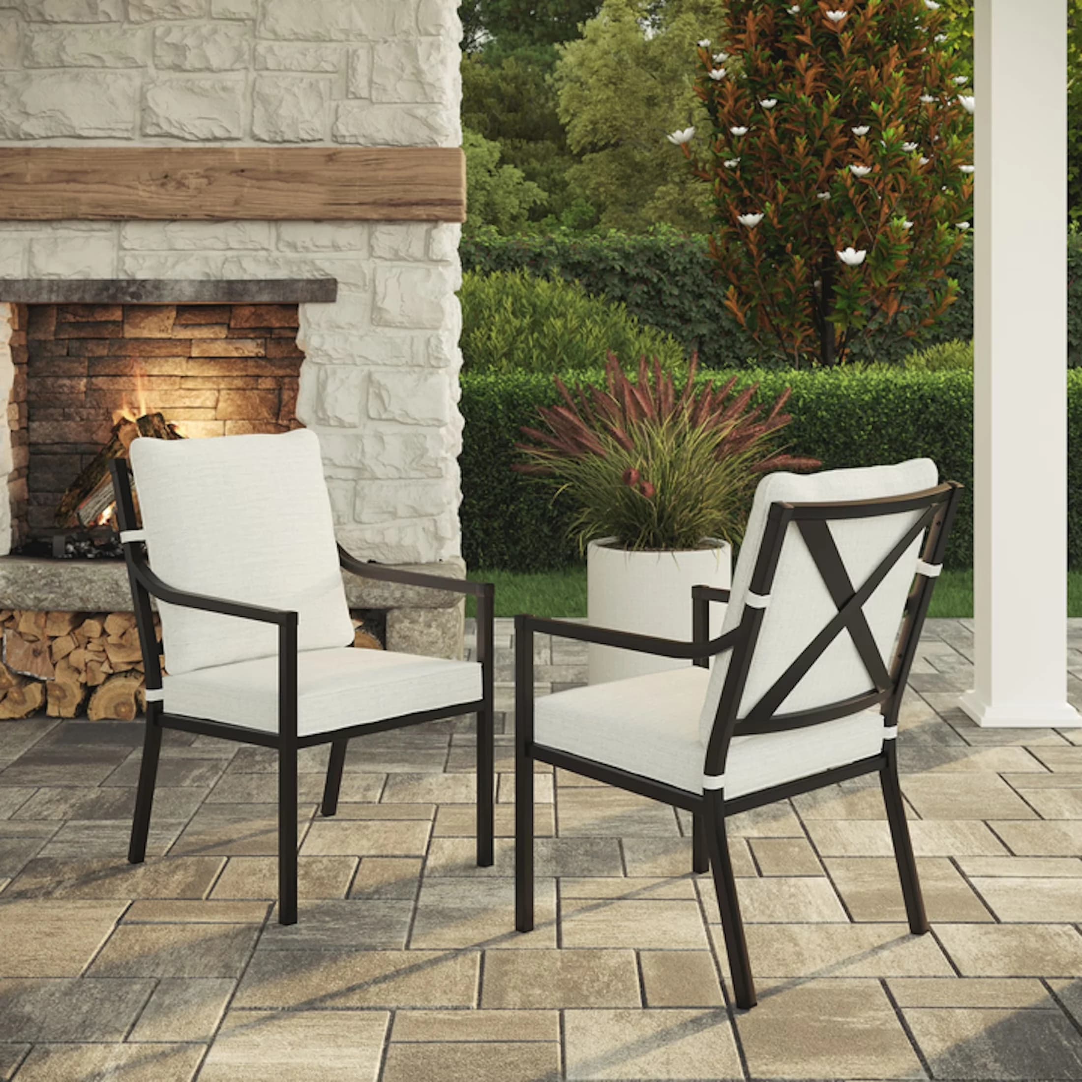 Patio Chair Compact with Contemporary, Farmhouse - Beige Steel; Solution Dyed Polyester; Foam Model E90D74