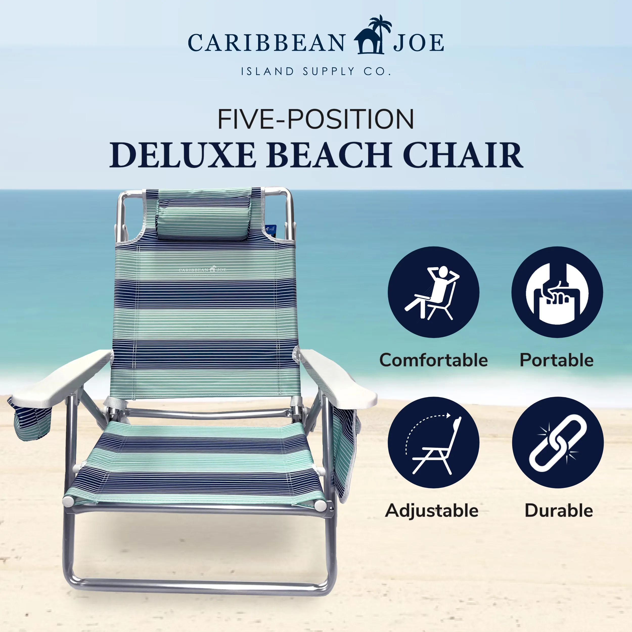 Essential Beach Chair with Rust Resistant, Adjustable, 5 Position Reclining - Blue Model 770E74