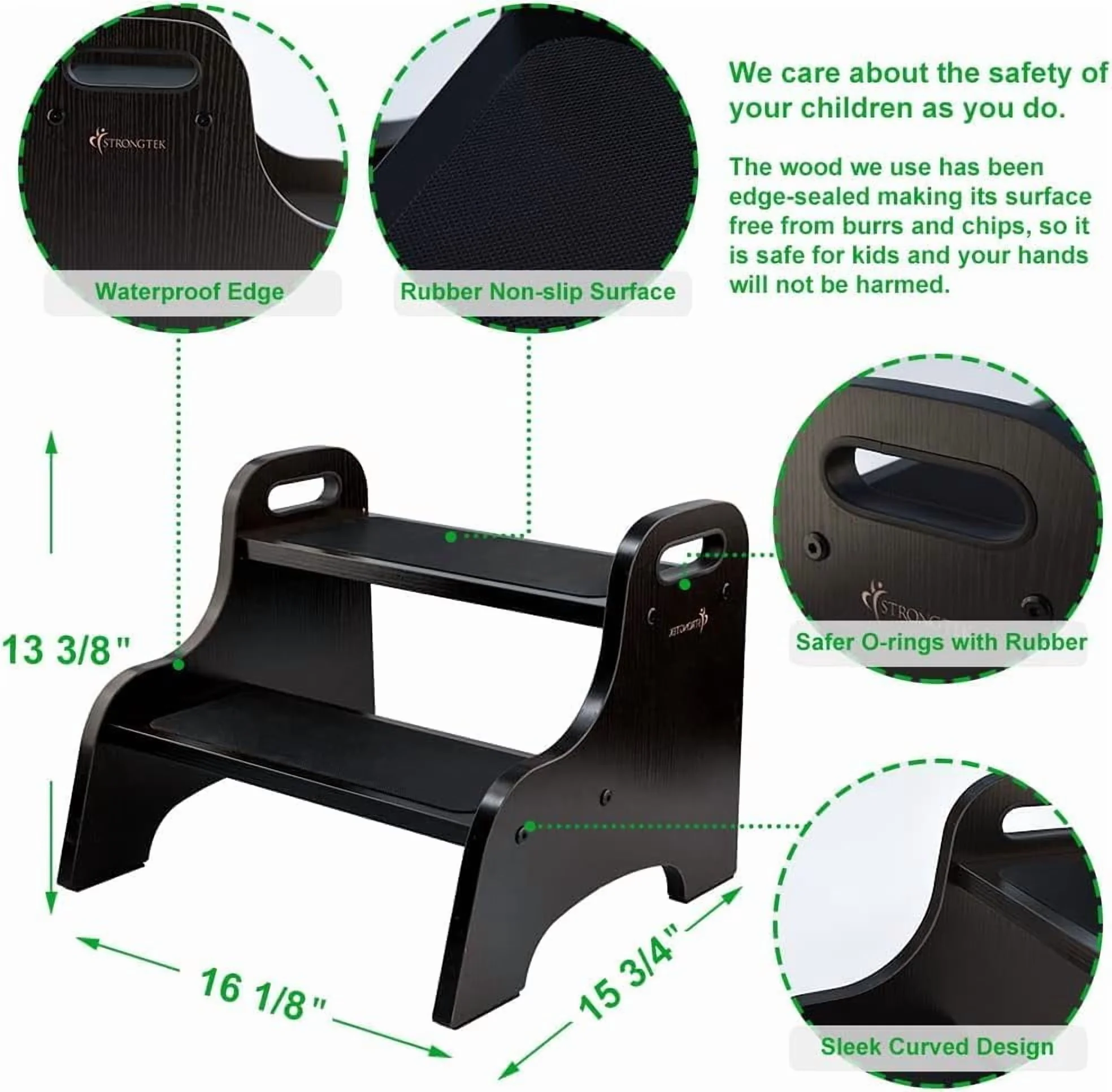 Ladders And Step Stool Compact with Anti-Slip, Wood 2 - Black Wood - Sleek Profile Model F62707