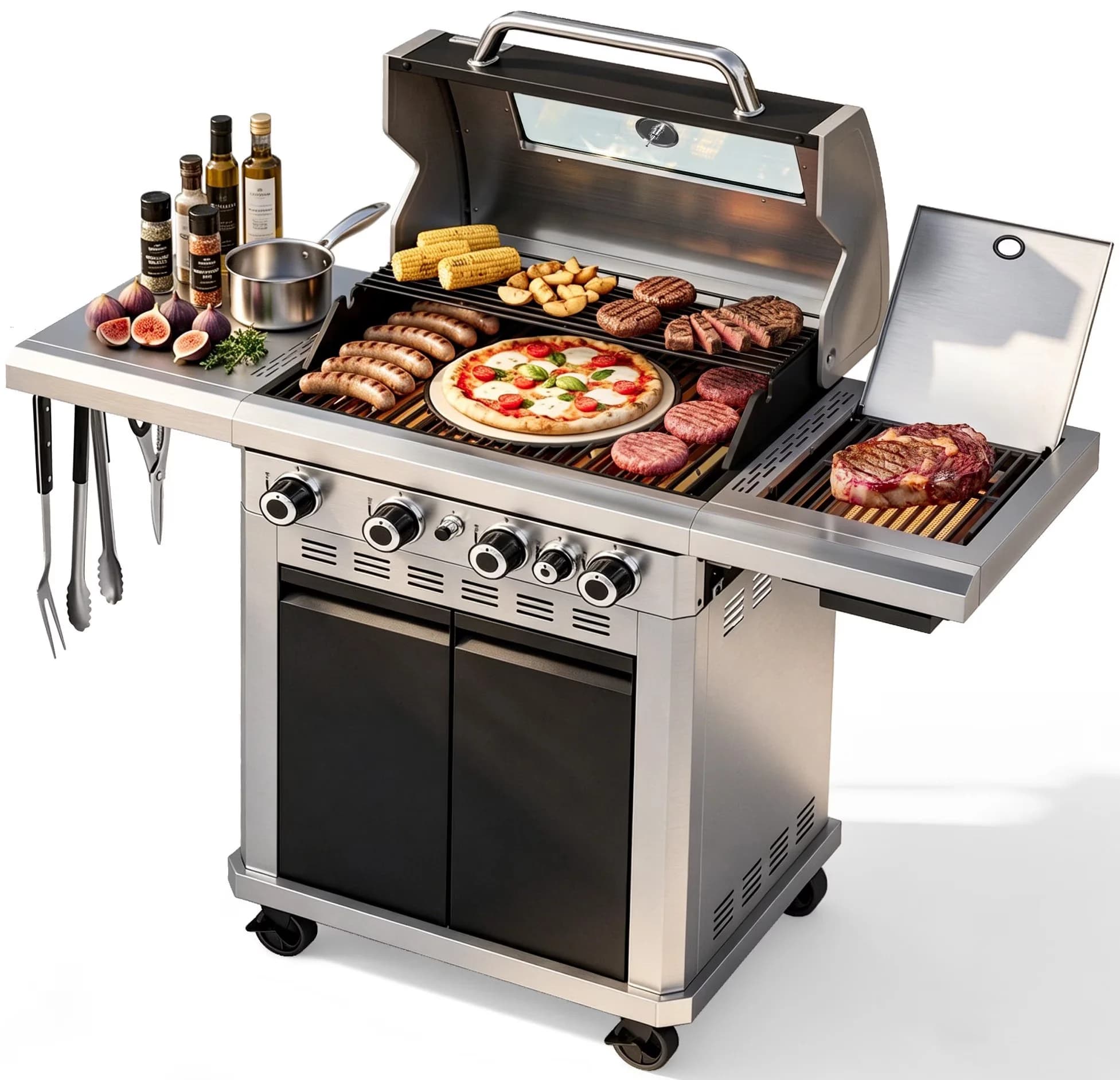 Gas Grill Durable with 13500 BTU, Grease Pan - Black Porcelain Enameled; Stainless Steel Model E48F47