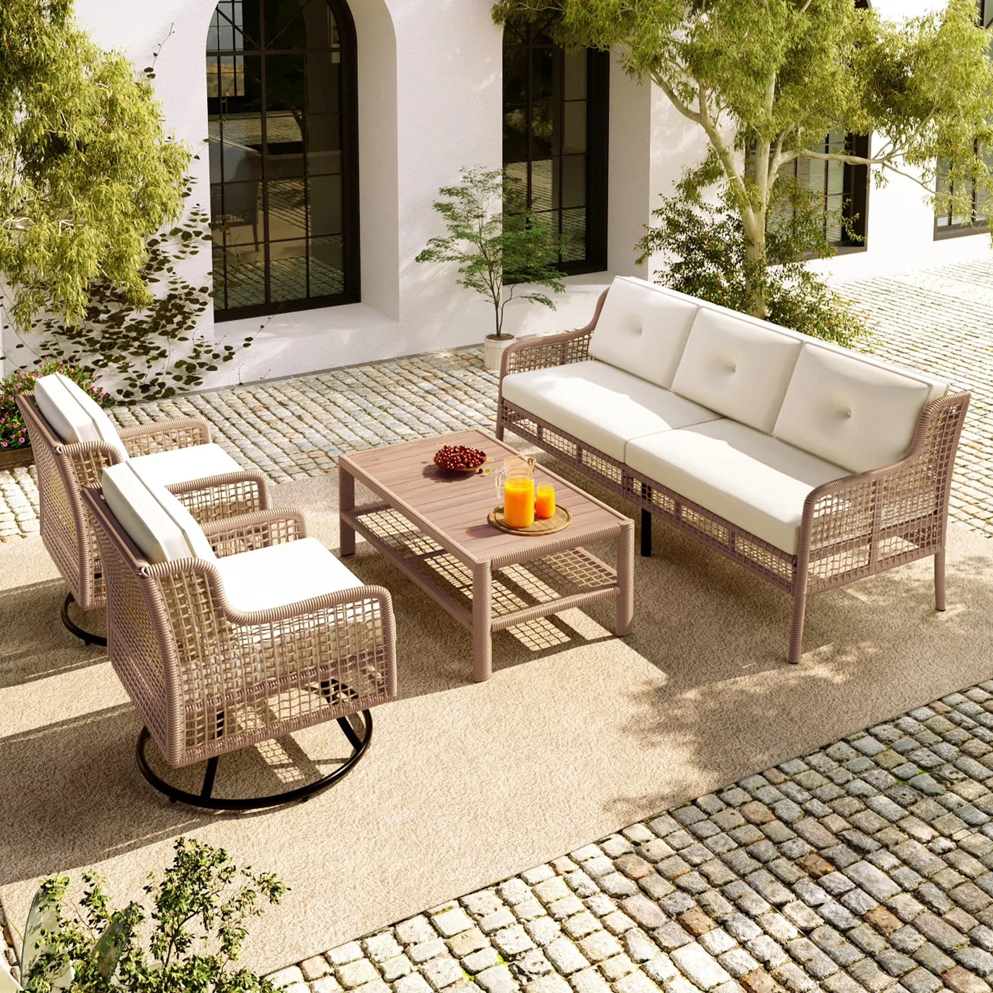 Compact Patio Conversation Set with Storage, 4 Pieces Furniture - Beige Polyester,Wicker Model 2B5711
