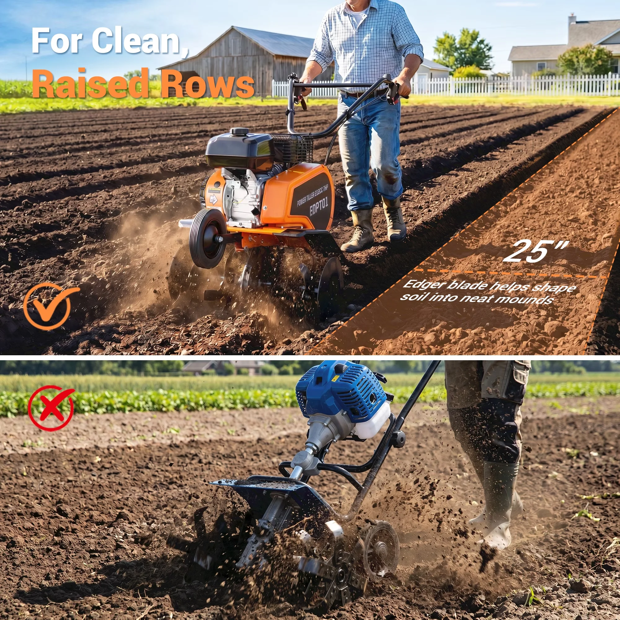 Sleek Trillers Cultivator with Gas Tiller, 7HP 212cc Gas Powered Engine Tiller for Garden - Model DB4058