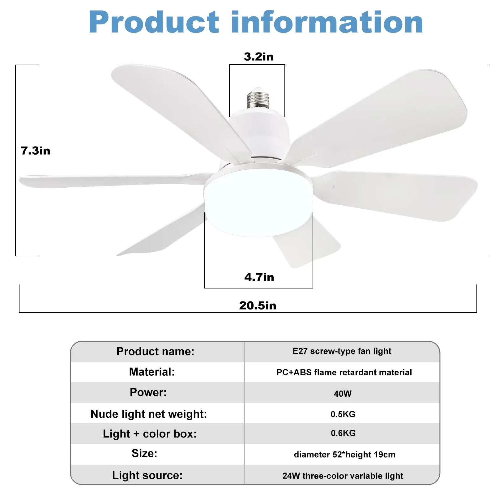 Classic Ceiling Fan with LED, Modern, Socket Light - White for Kitchen, Bedroom Model 4EAC26