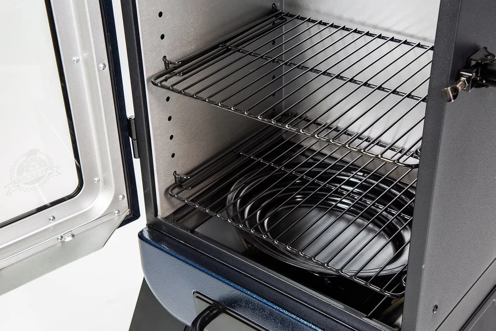 Durable Combo Grill with Window, Reach temperatures from 100°F - 325°F, 748 square inches of cooking space - Blue Porcelain Model B63F50