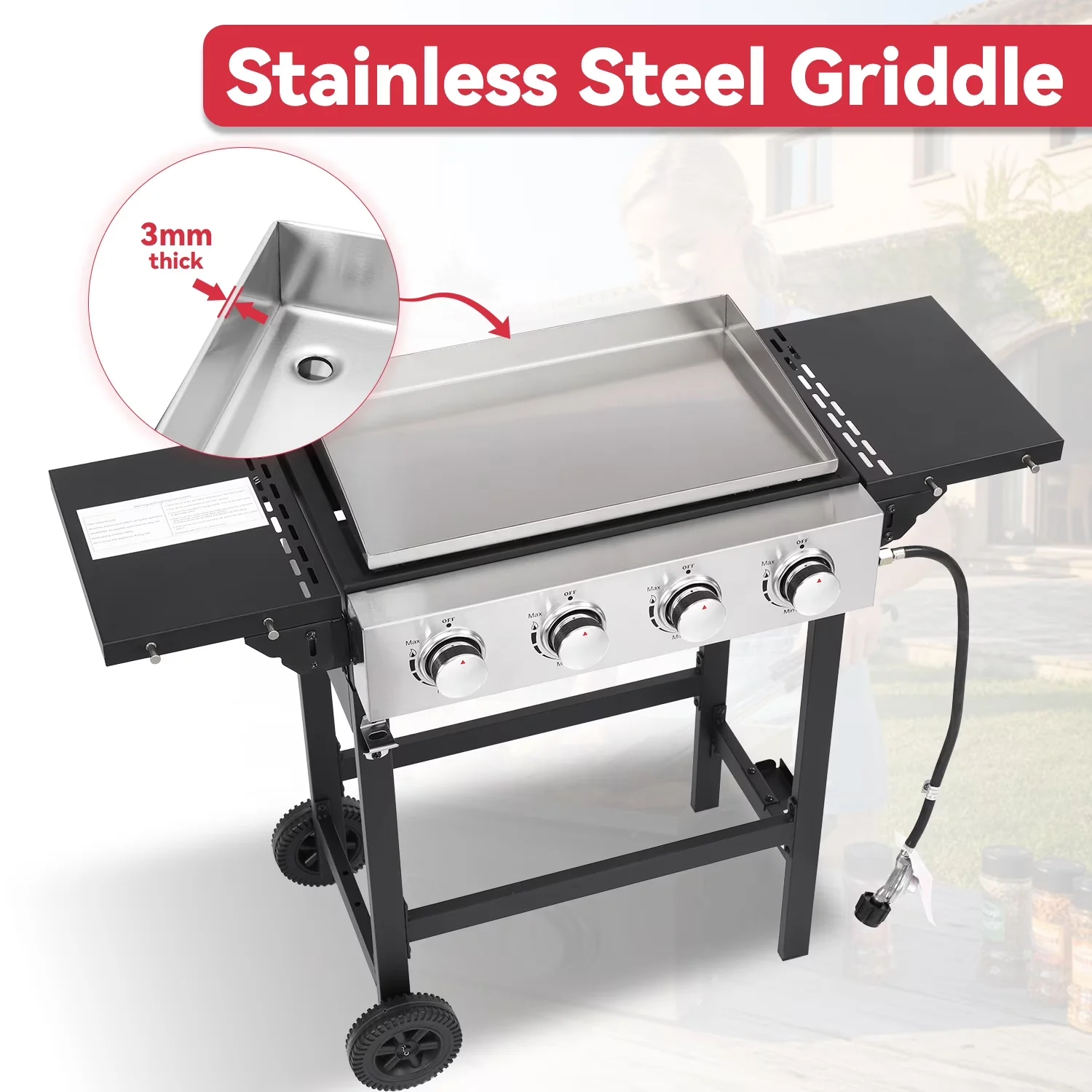 Gas Grill Modern with Rust Resistant, Grease Pan - Black Metal, Stainless Steel for Camping Model 231BA2