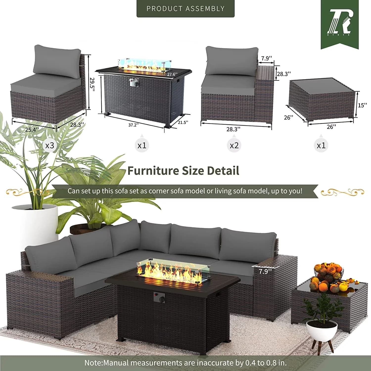 Outdoor Sofas Sectional Reliable with Weatherproof, 43.3"Table, Primary Fuel Type: Propane - Gray Pe Rattan Wicker, Steel, Wicker Model F6D7BB