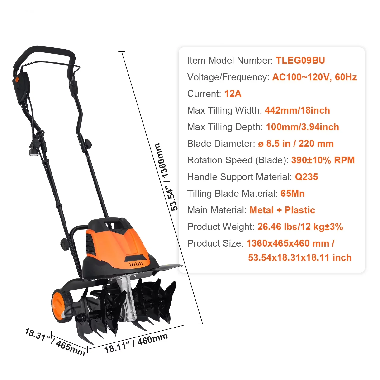 Premium Trillers Cultivator with 18" Width and 3.94" Depth, Corded Tiller/Cultivator, Electric Soil Digger for Garden - Model 0AE04A
