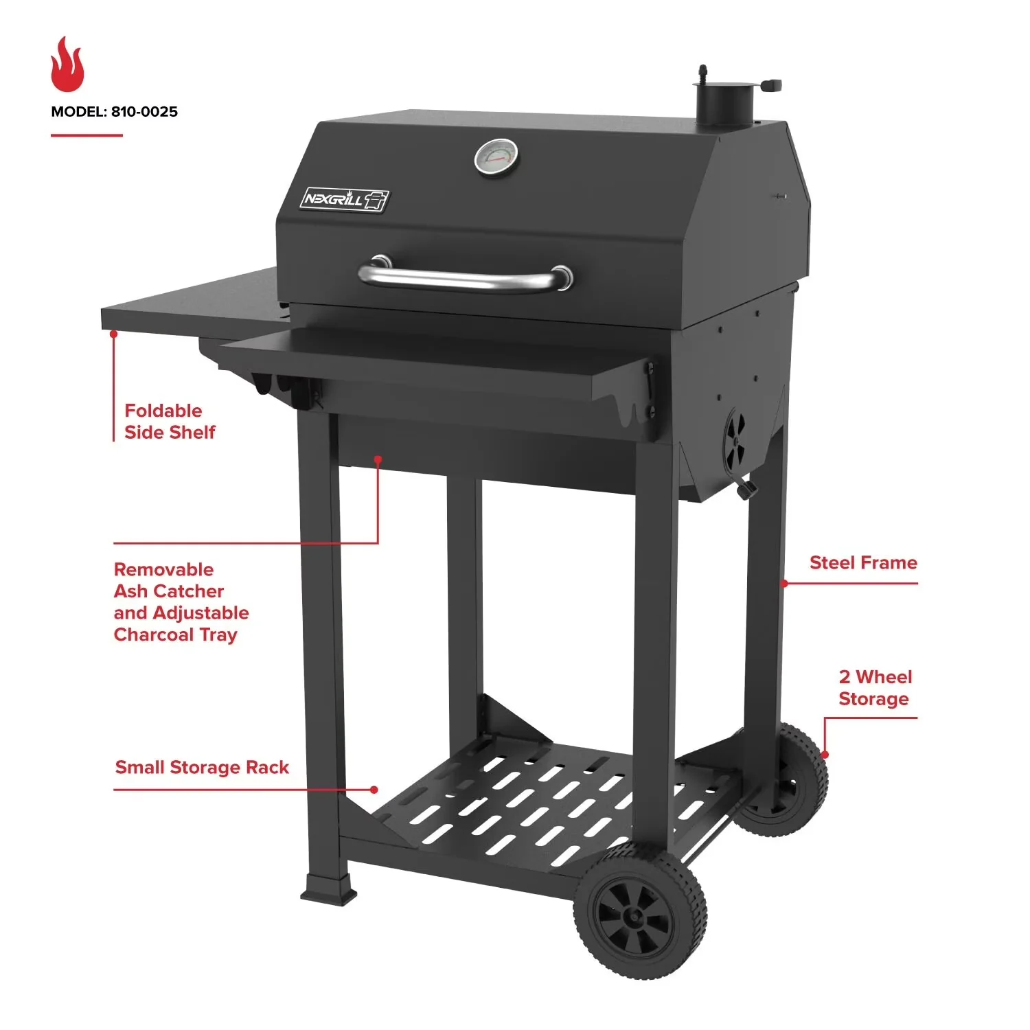 Modern Charcoal Grill with Adjustable Air Vents, Temperature Gauge - Stainless Steel Black for Camping Model 0D5919