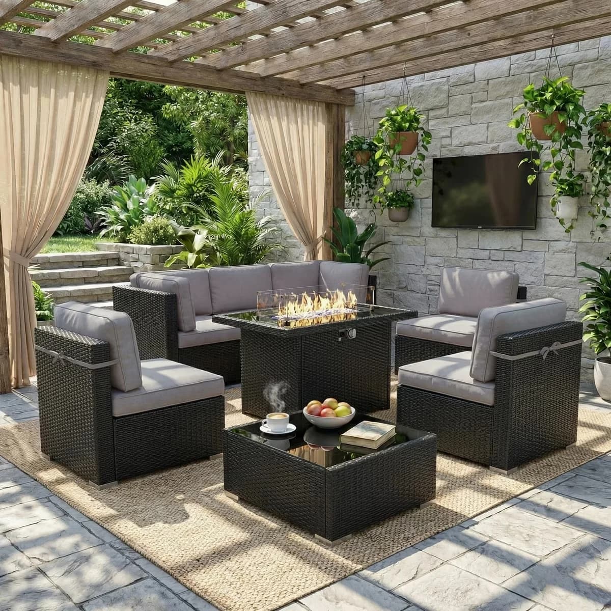 Stylish Patio Conversation Set with 44" Propane Gas Fire Pit Table, 8 Piece Furniture - Gray Model B16EFA