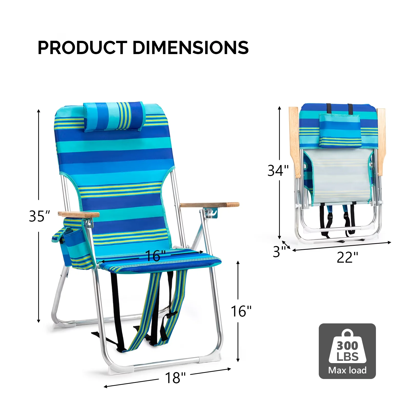 Modern Beach Chair with Waterproof, Rust Resistant, Water-Resistant - Blue Aluminum, Polyester Fabric Model B5F146