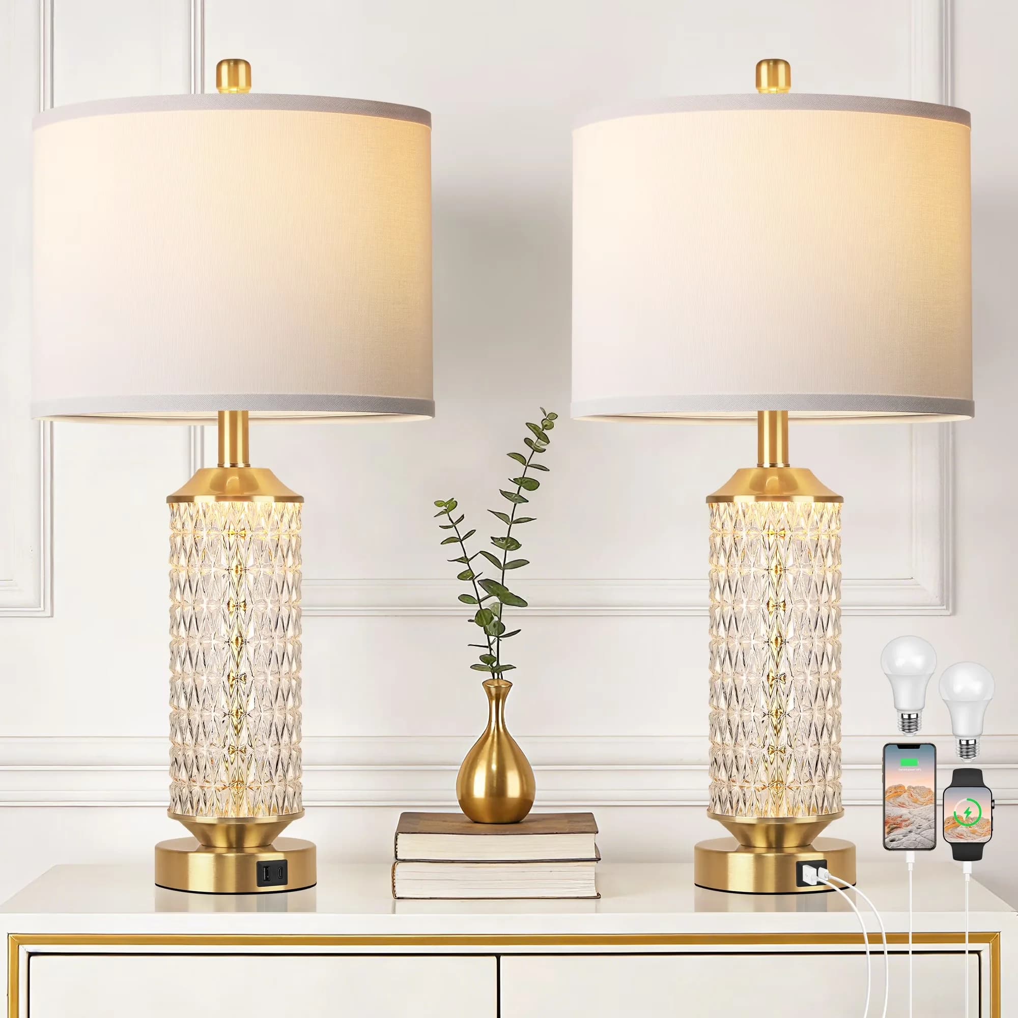 Quality Lamp with LED, Usb Port, Modern - Gold Glass - Compact and Portable Model 5536E4