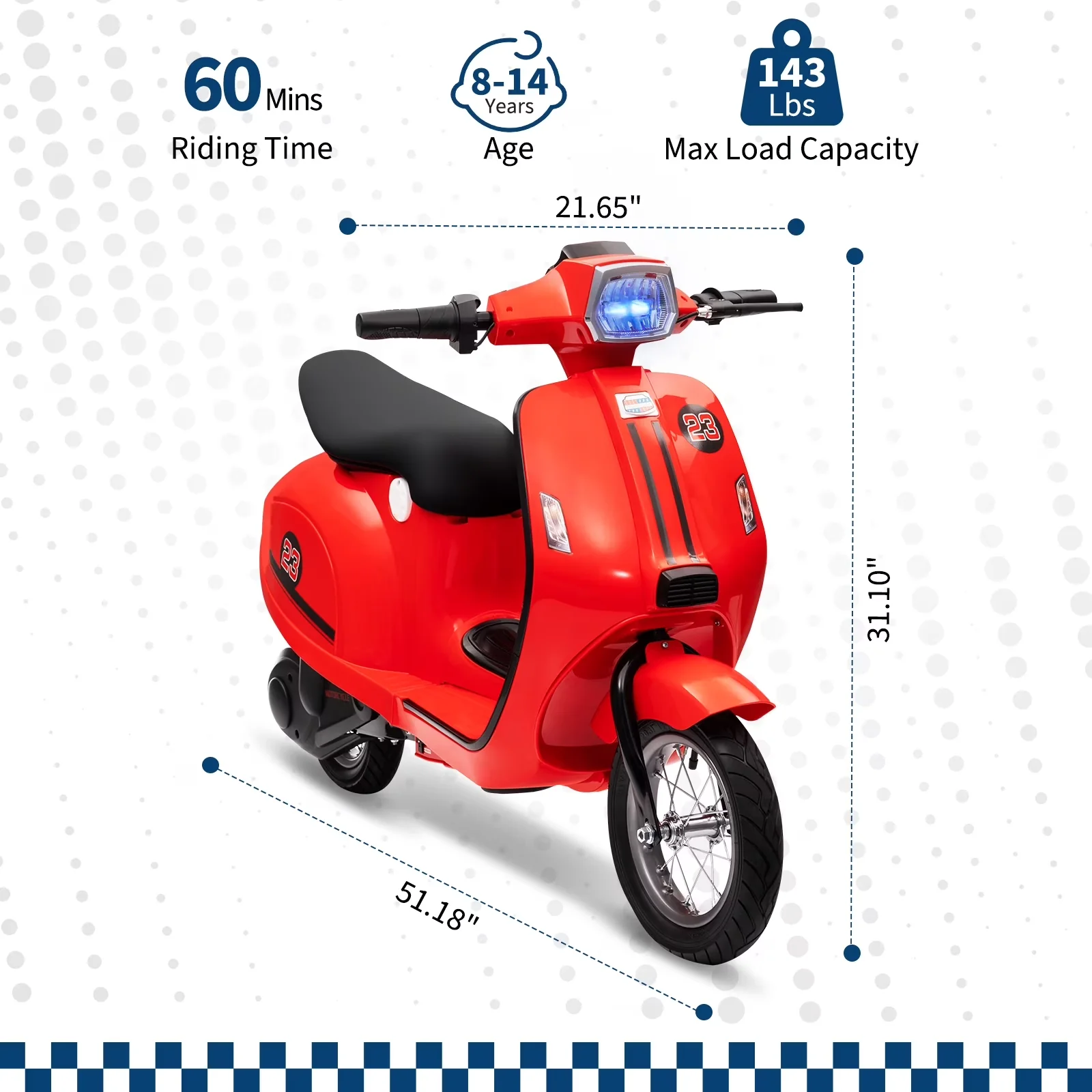 Classic Scooter with LED, 350W, Electric Moped - Pp Red 8-12 for Multiple Applications Model 48D3F7