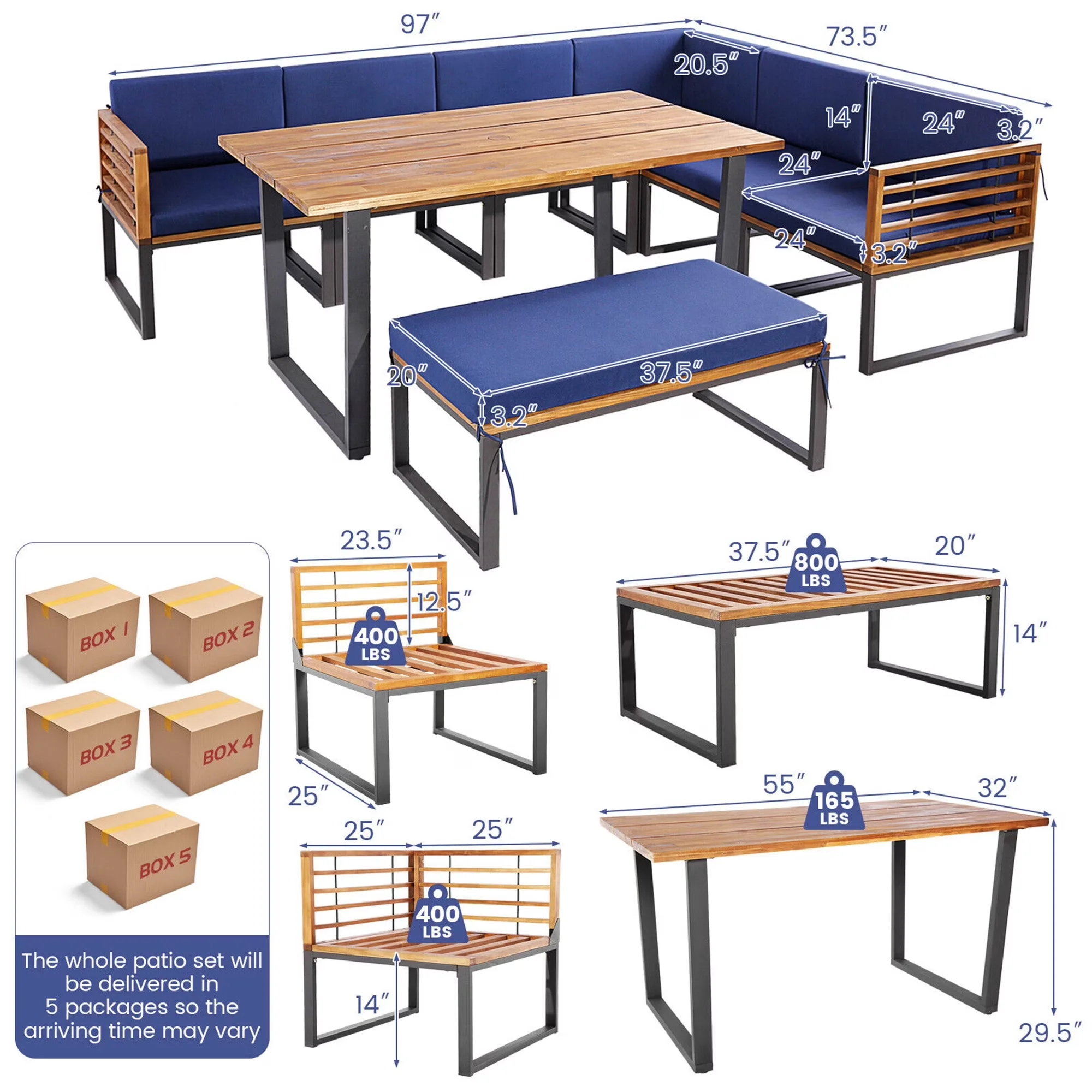Essential Outdoor Sofas Sectional with Modern - Wood Blue 8PCS - Ergonomic Design Model 3244F6