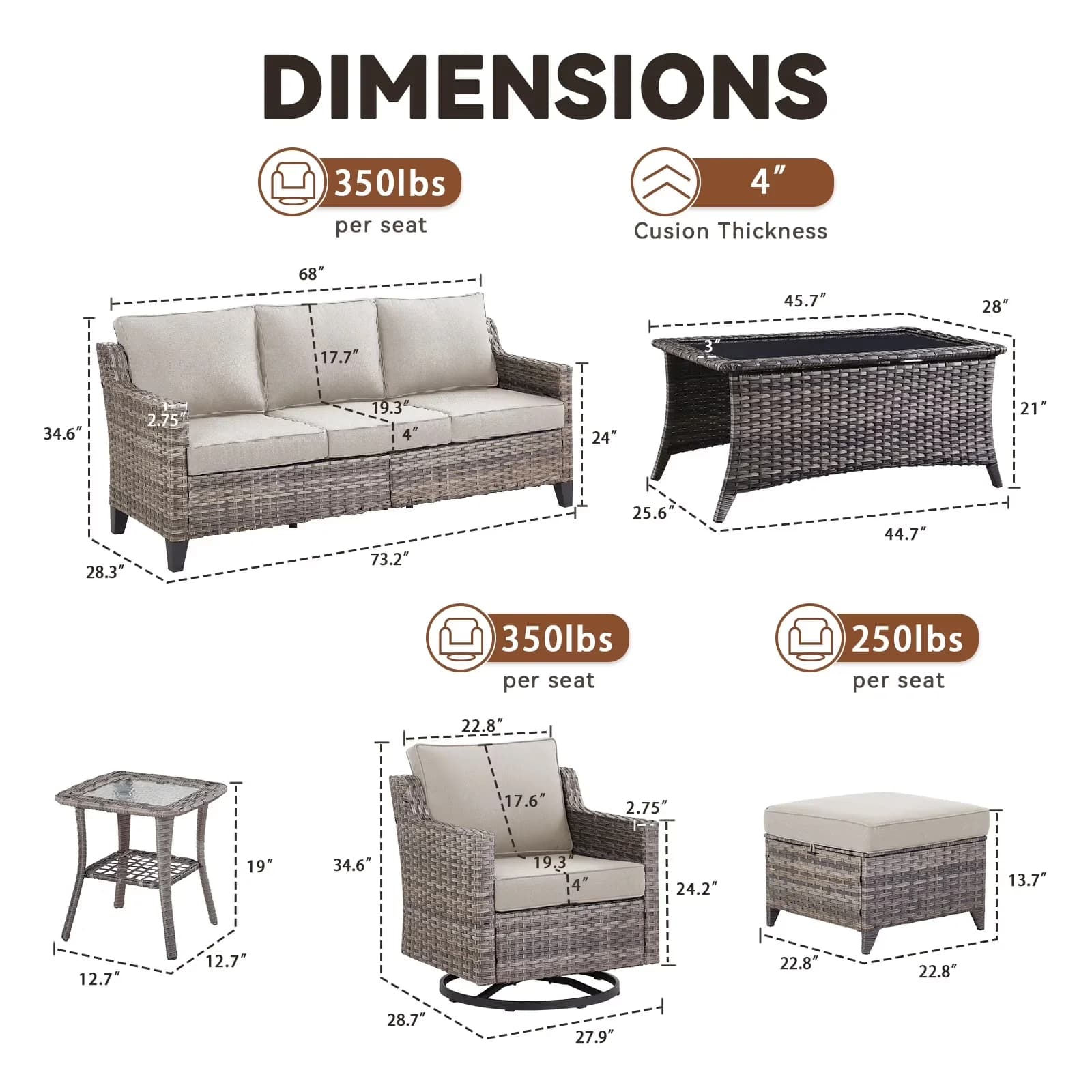 Patio Conversation Set Durable with Weatherproof, Reclining, 7 Pieces Furniture Sets - Olefin;Wicker;Stainless Steel Beige Model 022E62