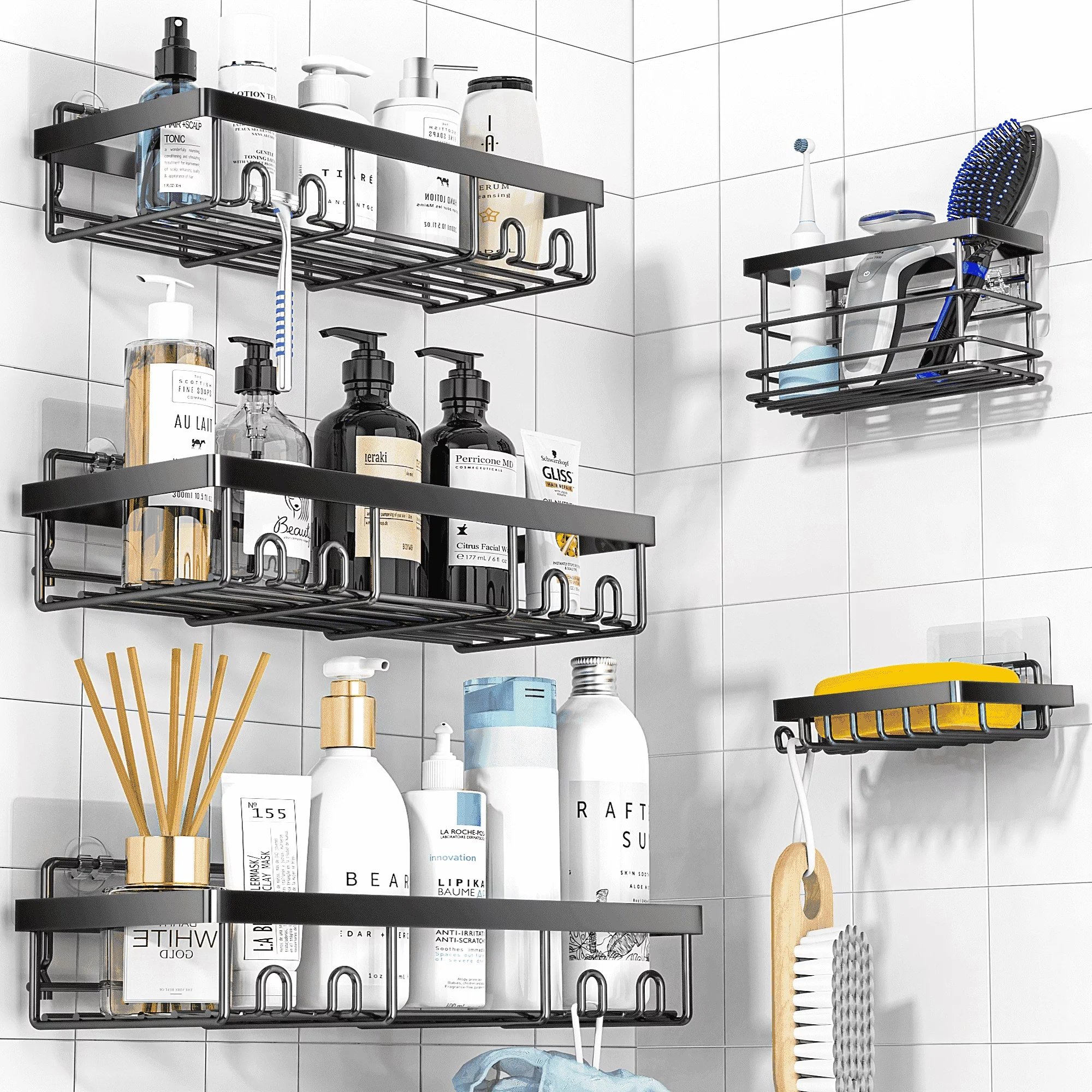 Durable Bathroom Renovation with Rust Resistant, 3 x Shower Shelves - Stainless Steel Black Model 68CD58