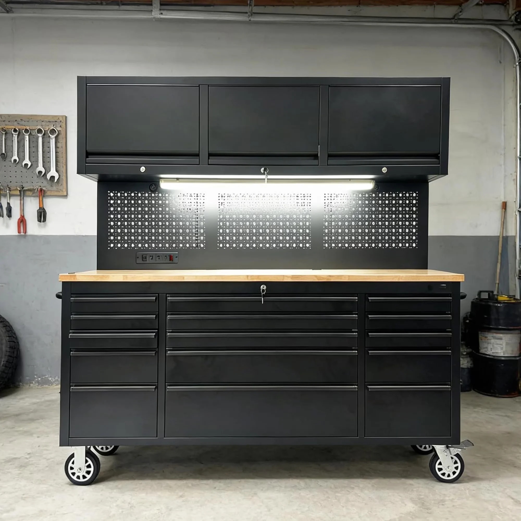 Toolstorage Classic with LED, Heavy-Duty, Caster Wheels - Black Metal & Wood for Garage Model 847009