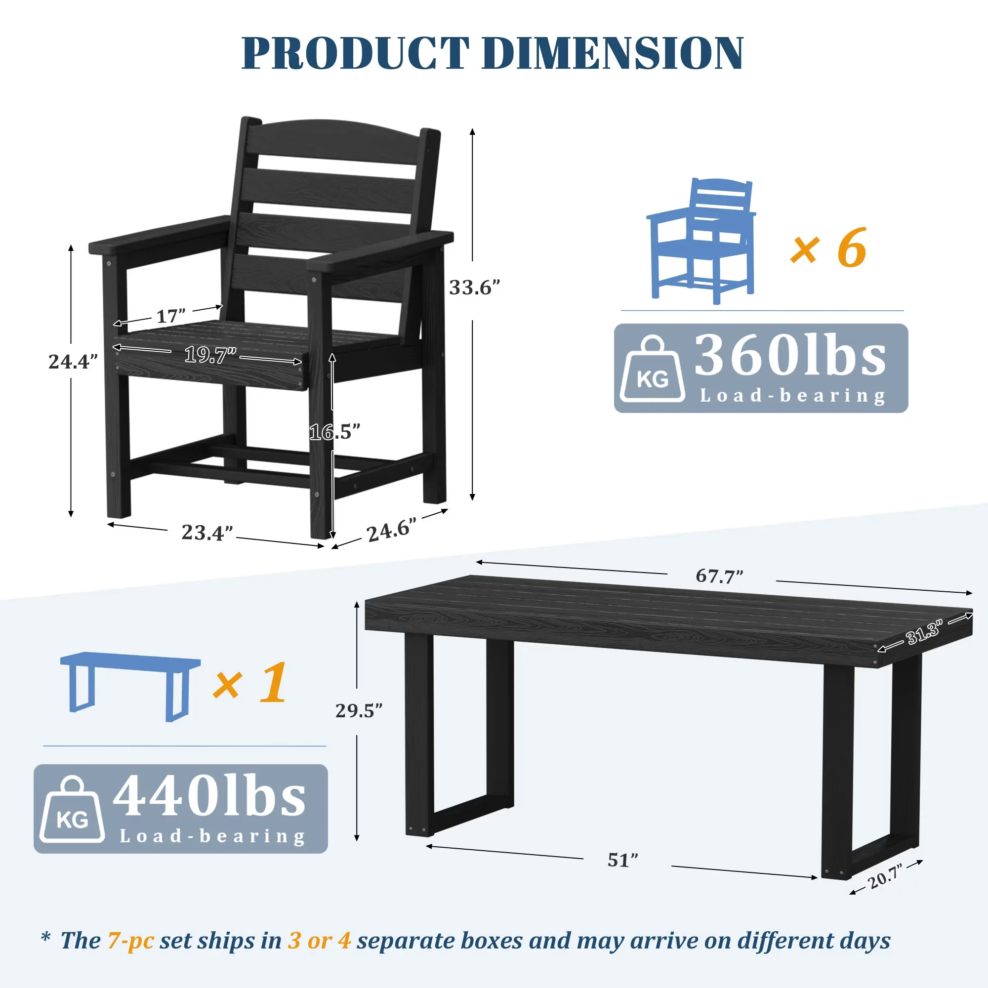 Stylish Patio Dining Set with Umbrella Hole, Seats 6, Rectangular Table - Black 7-Piece Model 9570B4