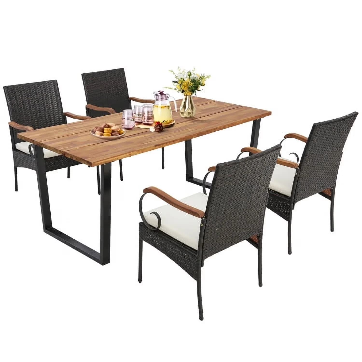 Compact Patio Dining Set with Umbrella Hole, Color of PE Rattan:Mix Brown, Color of Table:Natural and Black - Acacia Wood, Metal, Pe... Model 18E9F4