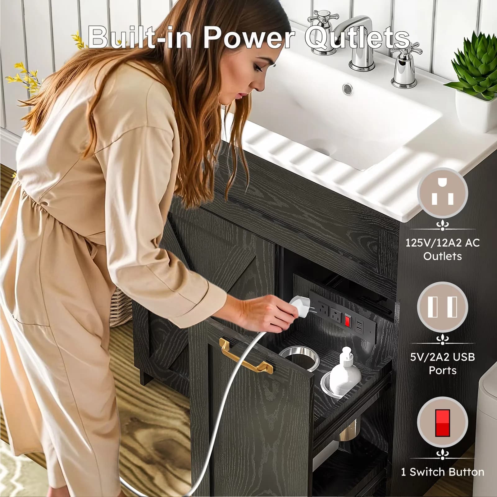 Bathroom Renovation Versatile with Sink, Featuring 2 Power Outlets, a Switch Button - Model 57418B