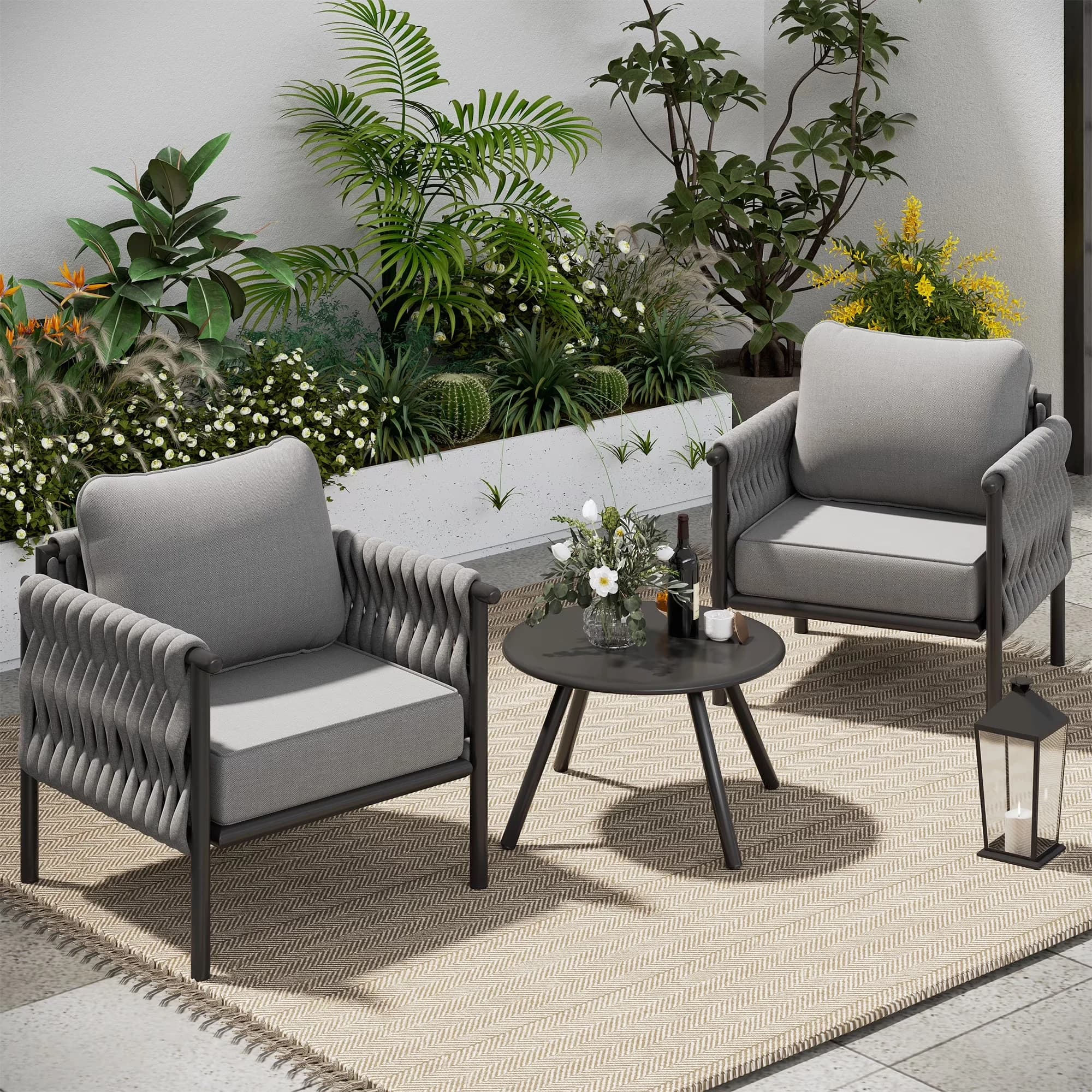 Patio Dining Set Modern with Waterproof, 6" Thickened Cushion, Furniture 3 Pieces - Metal Dark Grey Model 1B4697