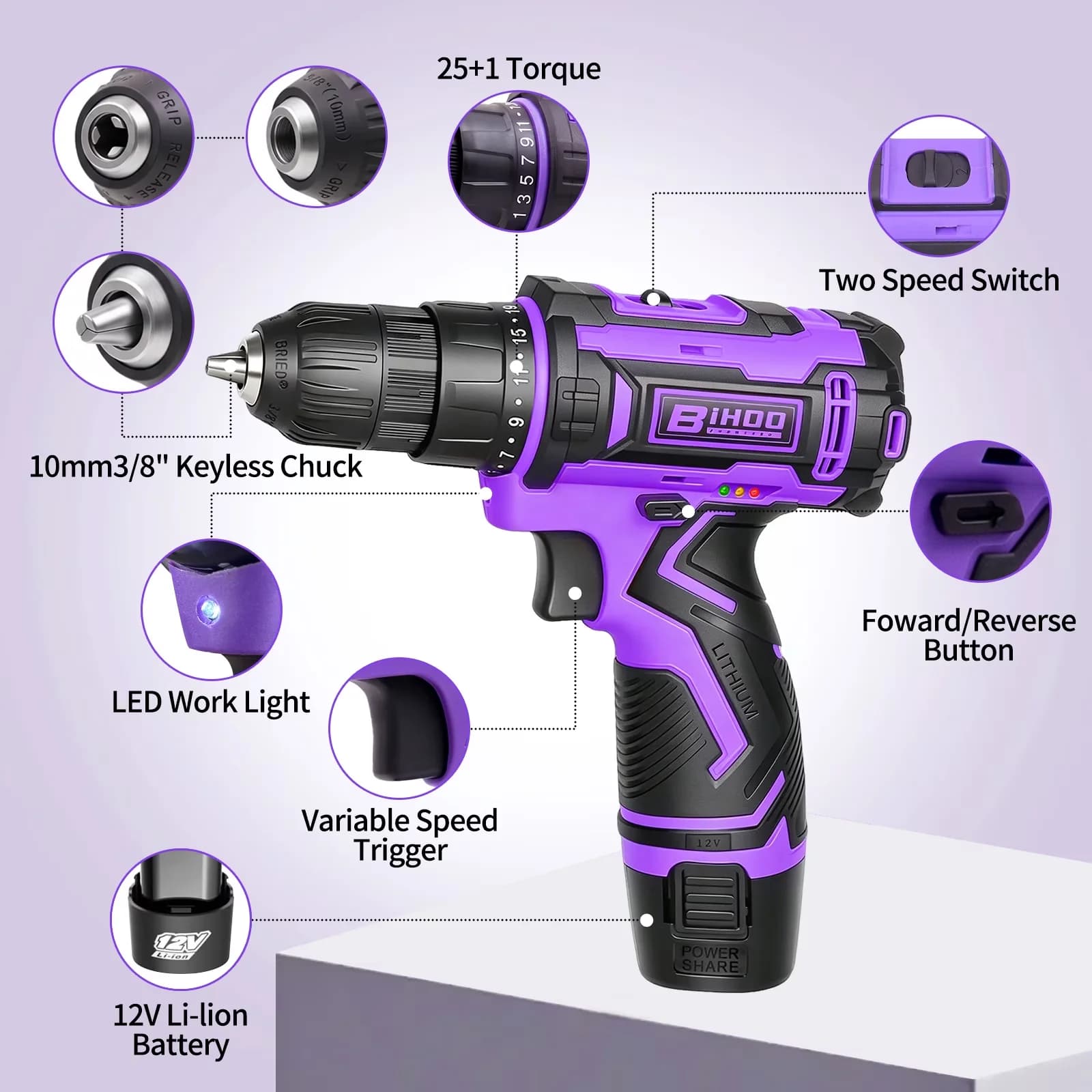 Versatile Drills Driver with Battery, LED, Purple Cordless Drill 12V for Home - Model A87619
