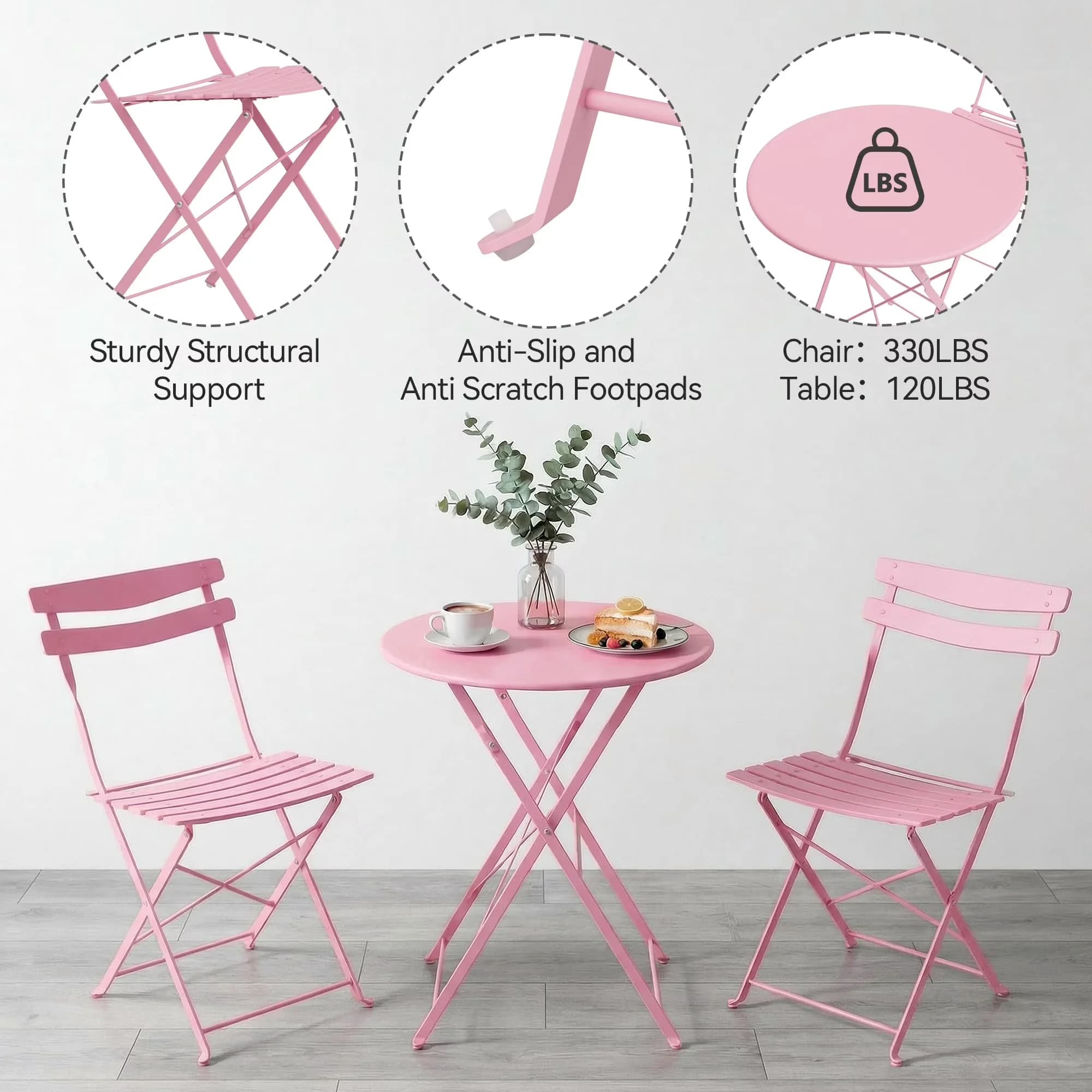 Sleek Patio Dining Set with Folding Chairs, Weather-Resistant - Pink Metal Model 25C481