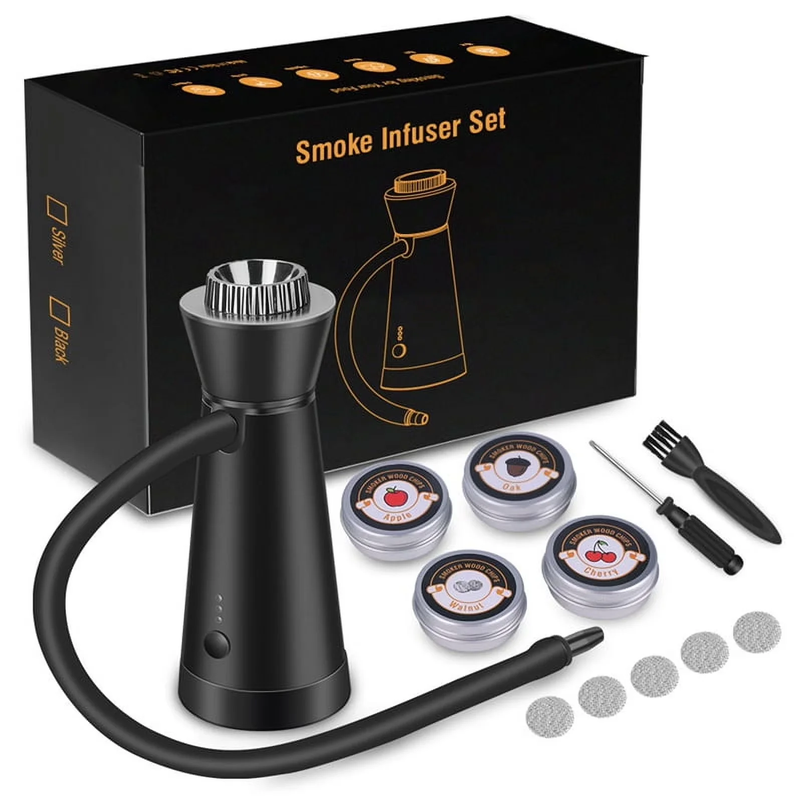 Smoker Professional with Cold Smoker, 1 * Cocktail kit - Black Aluminum Alloy + Zinc Alloy + Plastic Model A0D4AF