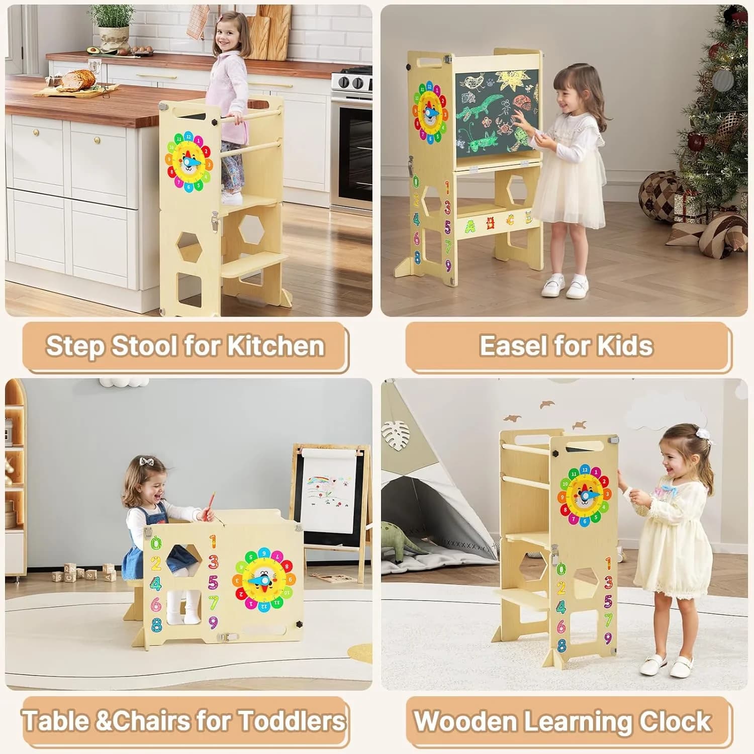 Premium Ladders And Step Stool with Foldable, Foldable Toddler Kitchen Tower, Toddler Helper - Wood Orange Model F863C4