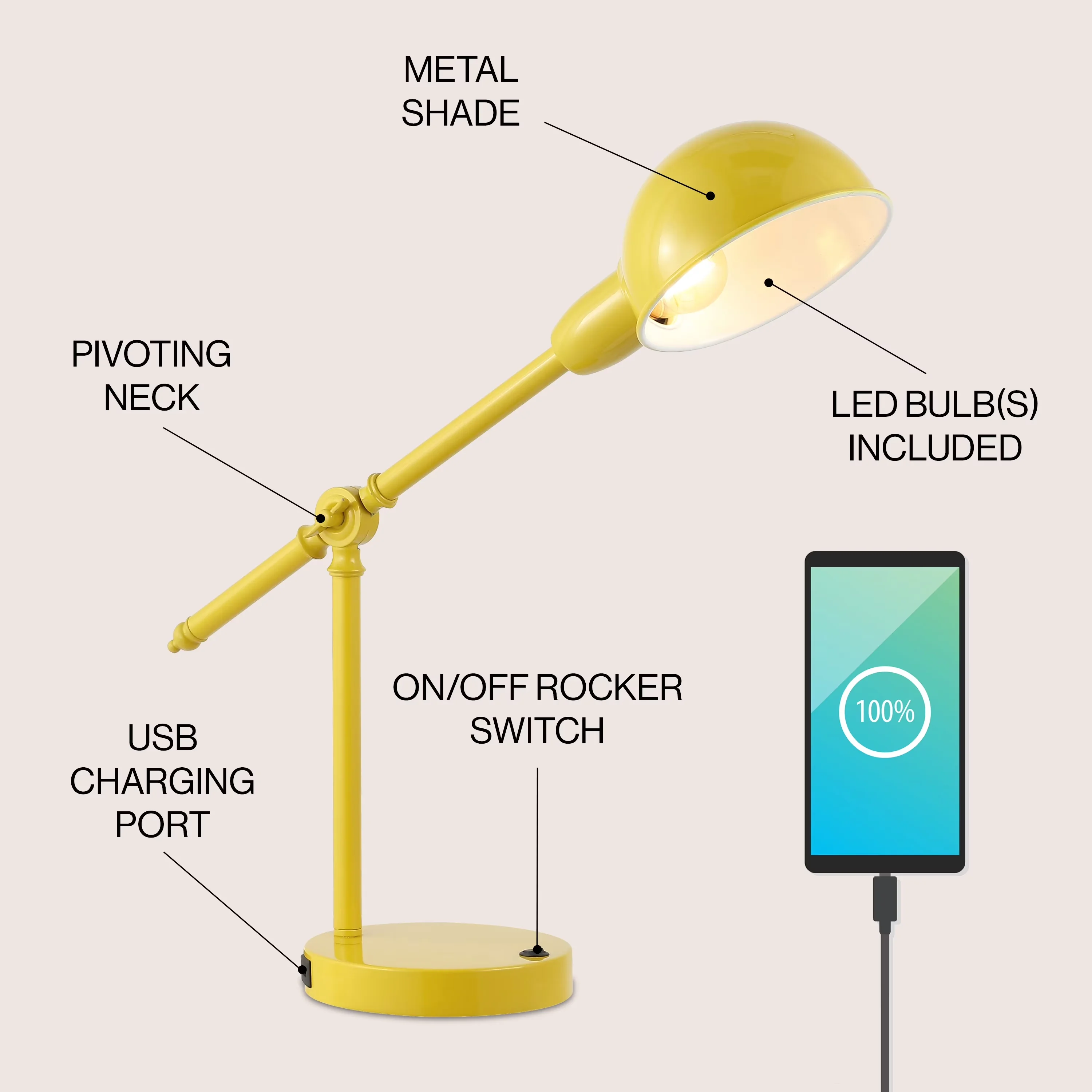 Premium Desk Lamp with LED, Industrial, Coastal - Yellow Metal JYL7123C Model 3E9A88