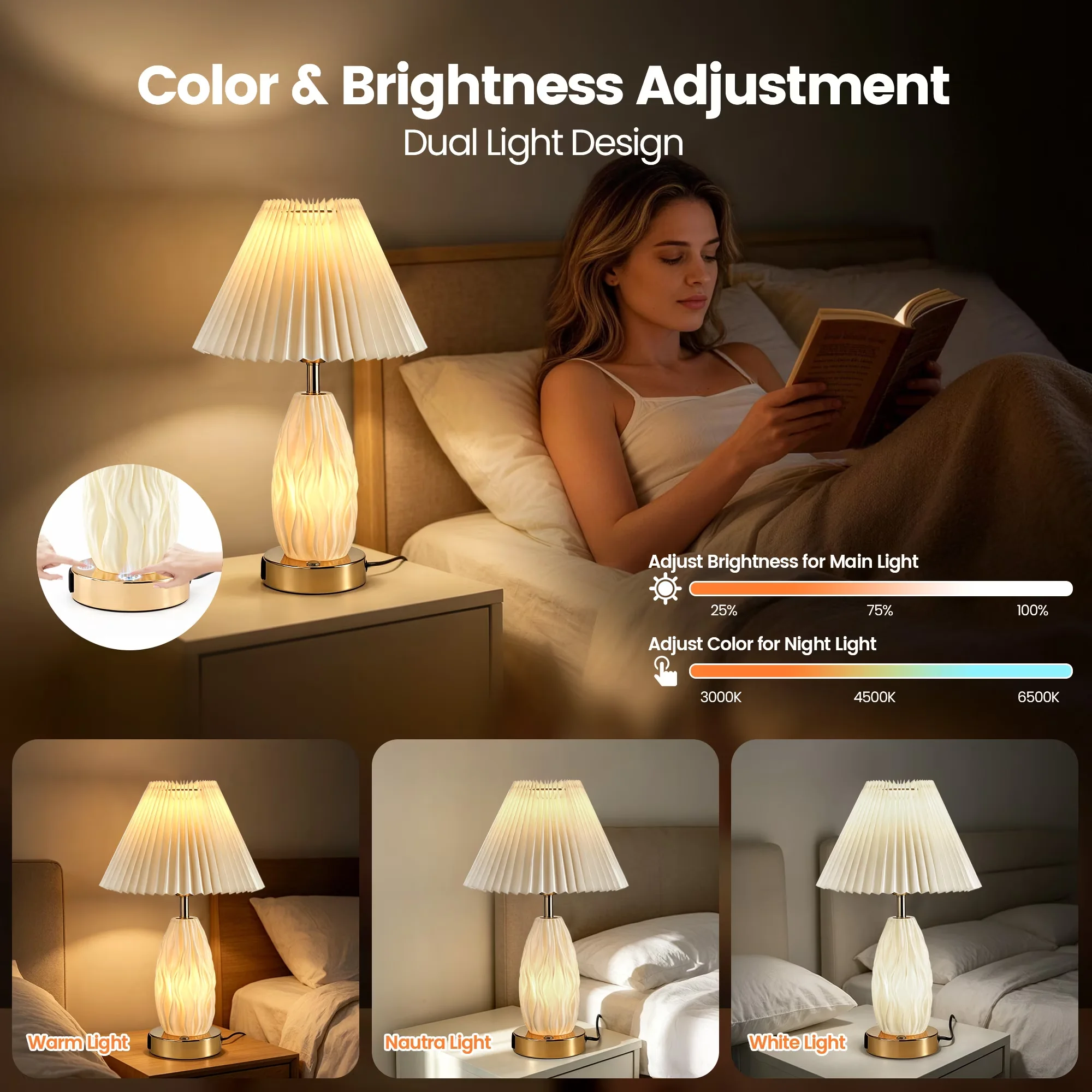Sleek Lamp with LED, Touch Sensor, Bedside Lamps - Beige Metal for Living Room, Bedroom Model 0DC606