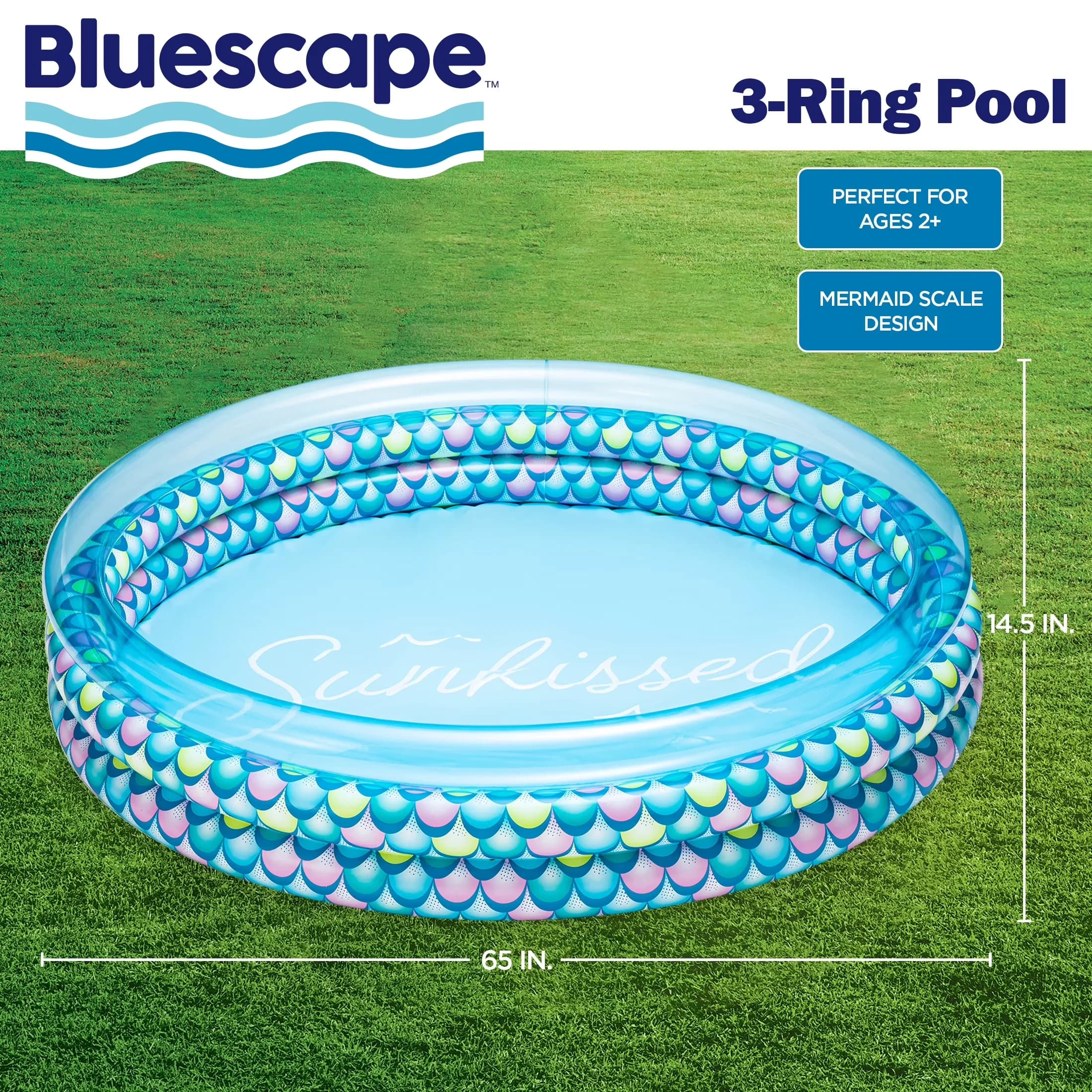 Compact Inflatable Pool with Puncture Resistant, Bright & colorful mermaid scale print, Colorful Mermaid Print 3-Ring Swimming - Blue Model 4225EE