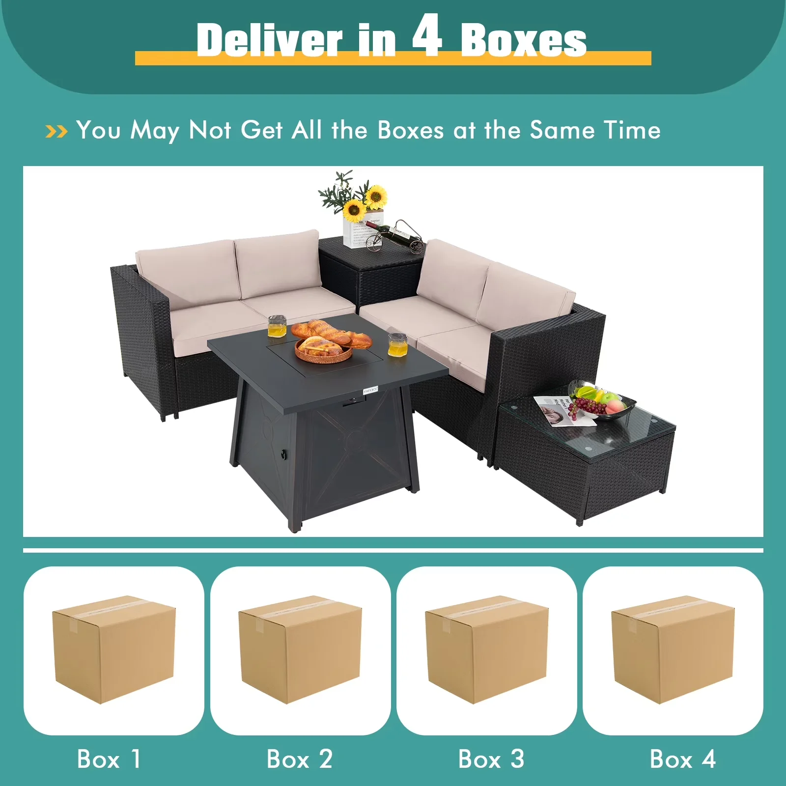 Innovative Patio Conversation Set with 50000 BTU, Storage, 5-Piece Outdoor Furniture - Beige Pe Rattan, Steel, Polyester, Sponge,... Model 7308DF