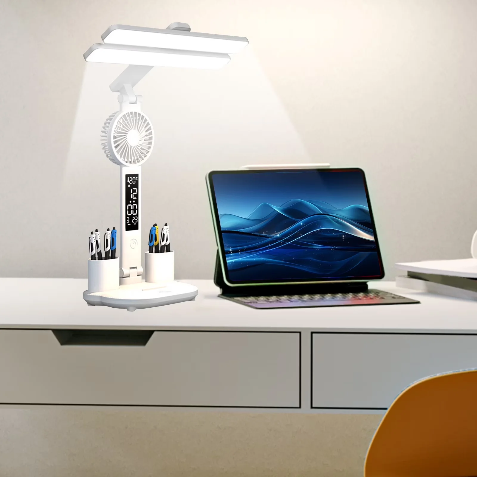 Desk Lamp Reliable with LED, Battery, Pen Holder and Fan - Multicolor Abs for Home Office, Study Model 632B1B