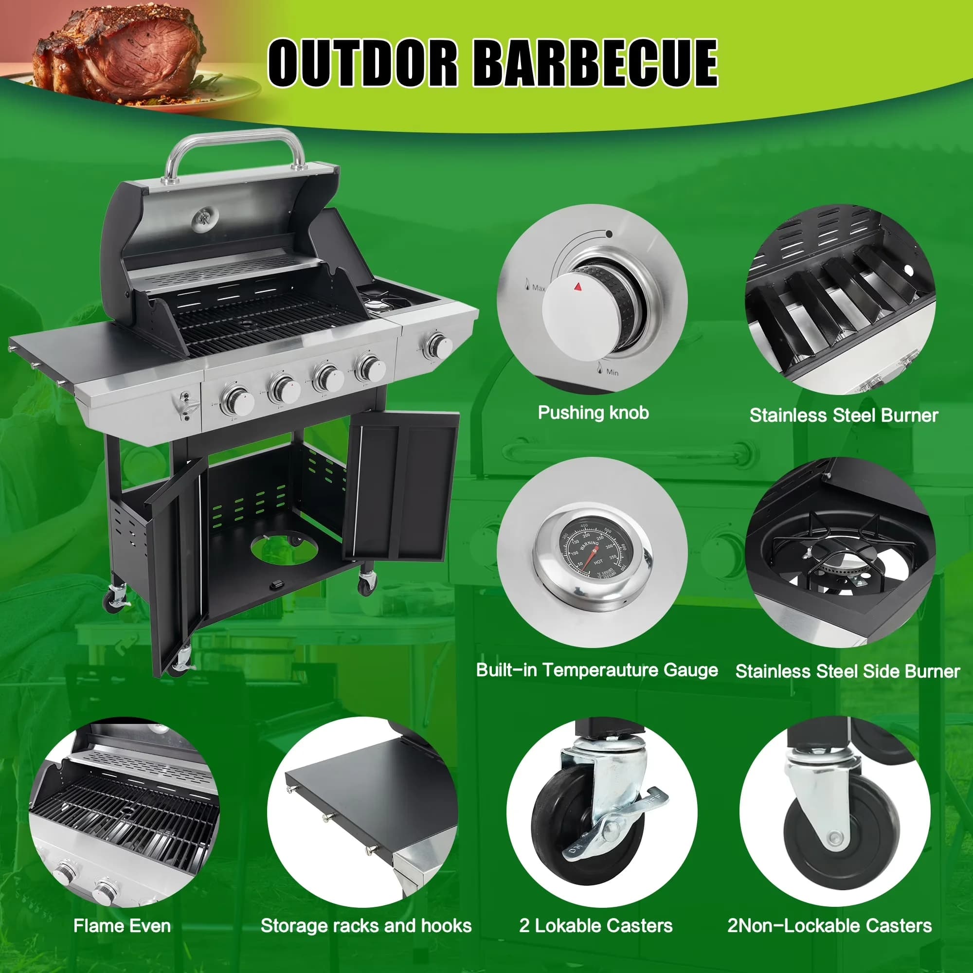 Premium Gas Grill with 46500 BTU, Portable, Heat Thermometer - Stainless Steel Black for Outdoor, Patio Model E1388E
