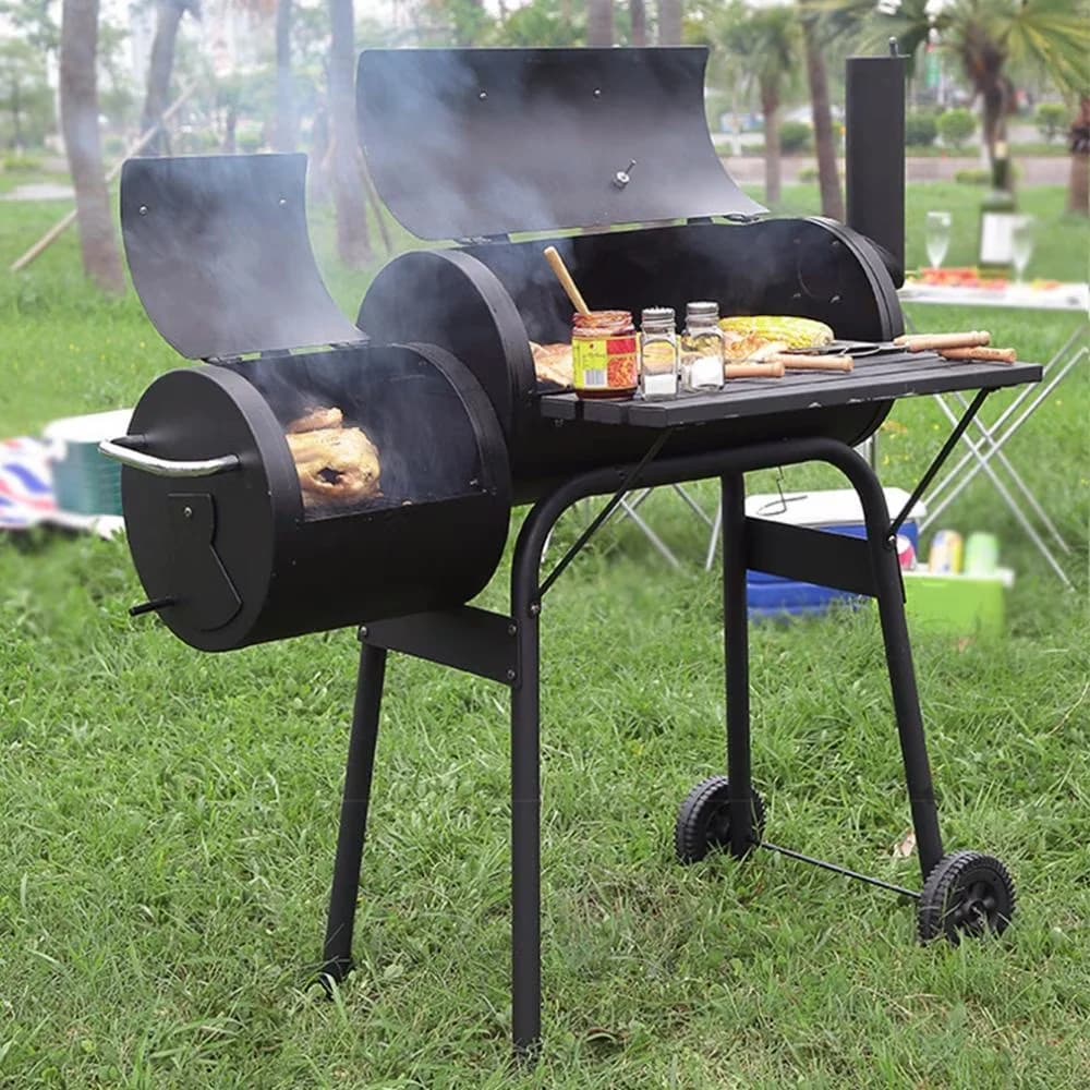 Charcoal Grill Sleek with Portable, 43'', Wheels and Side Fire Box -BBQ Perfect - Steel Black for Camping, Outdoor Model 74CEF5