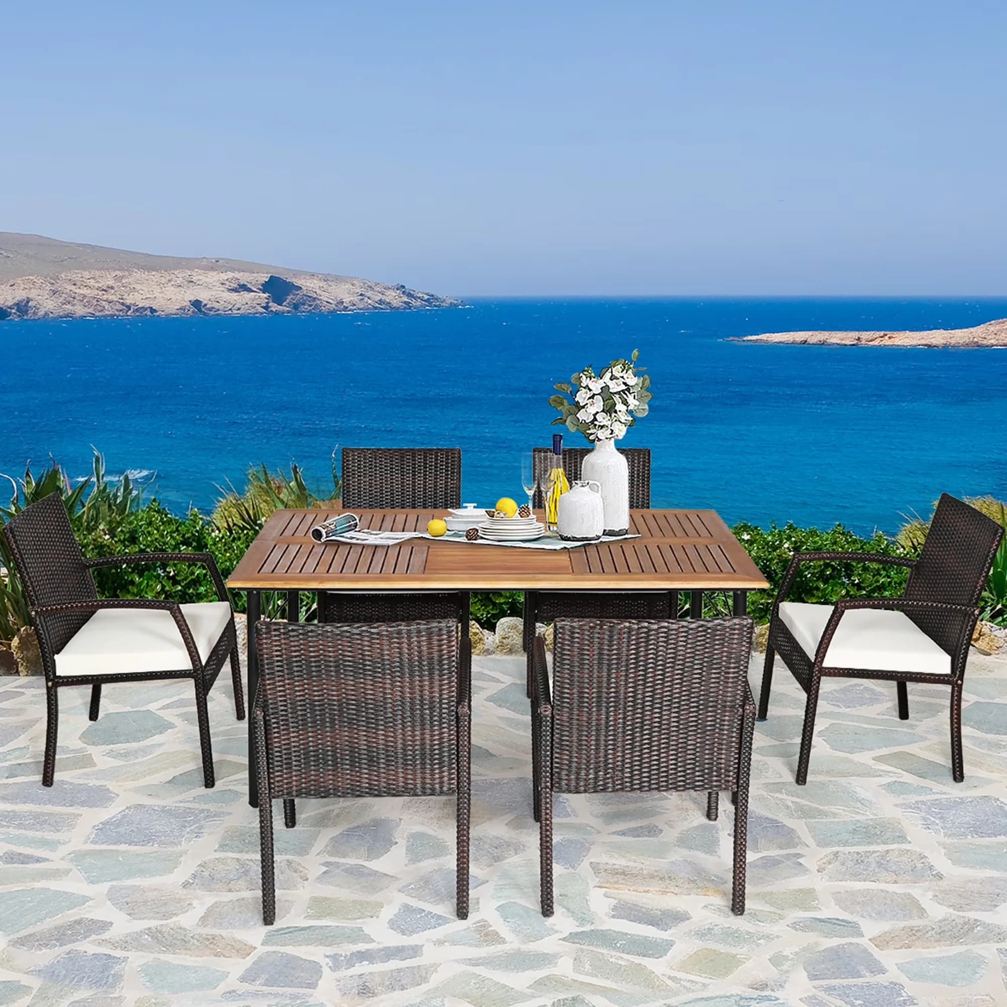 Modern Patio Dining Set with Weatherproof, Each armchair can hold up to 400lbs - Wood Model 23D944