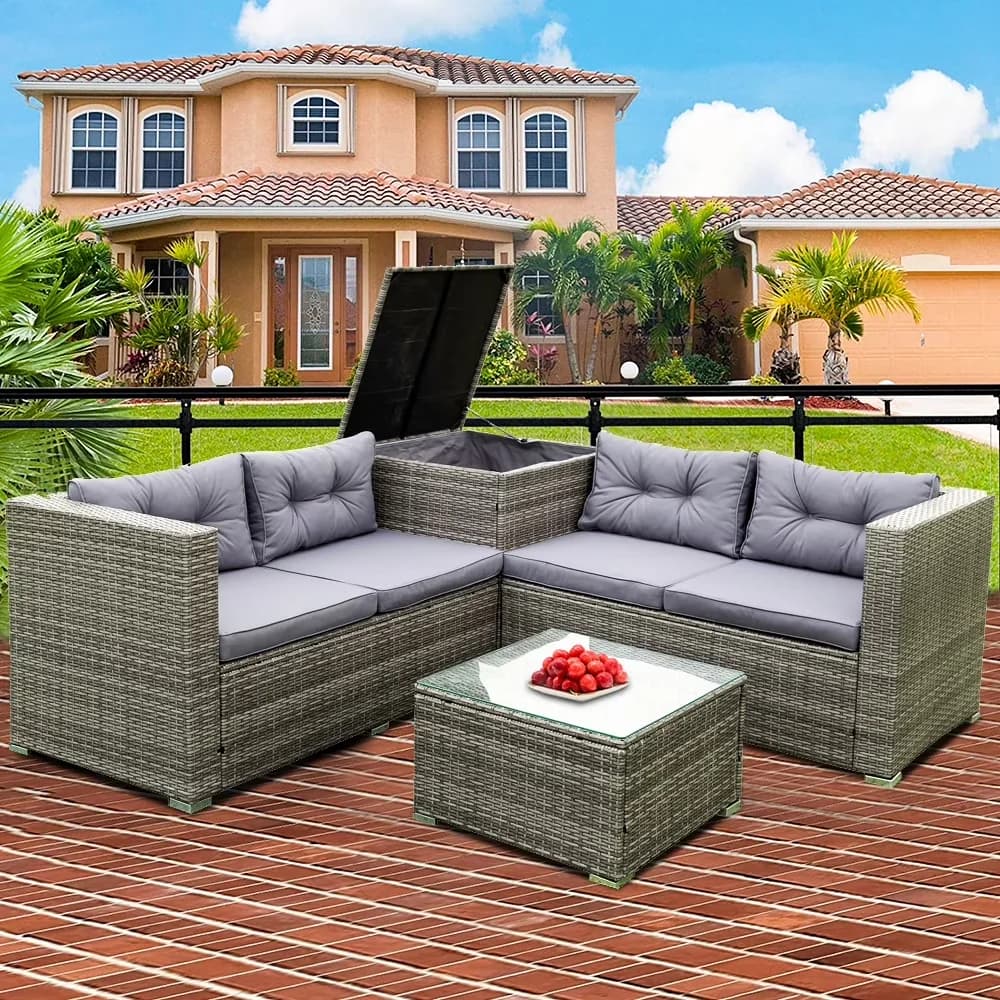 Classic Outdoor Sofas Sectional with Storage, Modern - Gray Pe Rattan, Steel, Polyester, Foam Model 5CD57D