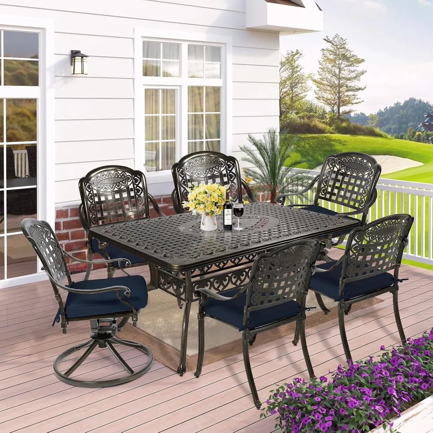 Essential Patio Dining Set with Modern, Backyard - Cast Aluminum Bronze Model D86203
